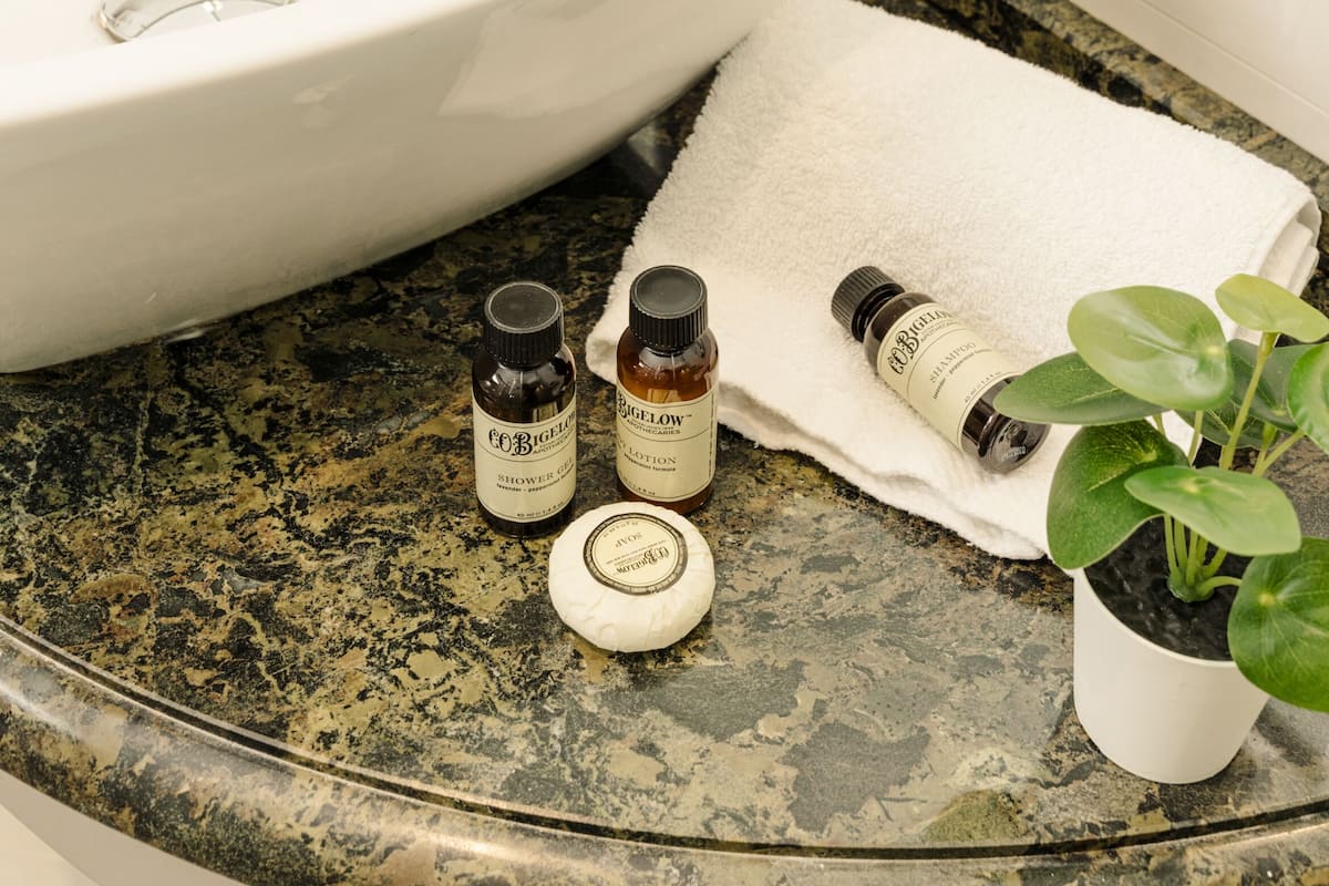 combined shower/bathtub, designer toiletries, hair dryer, slippers