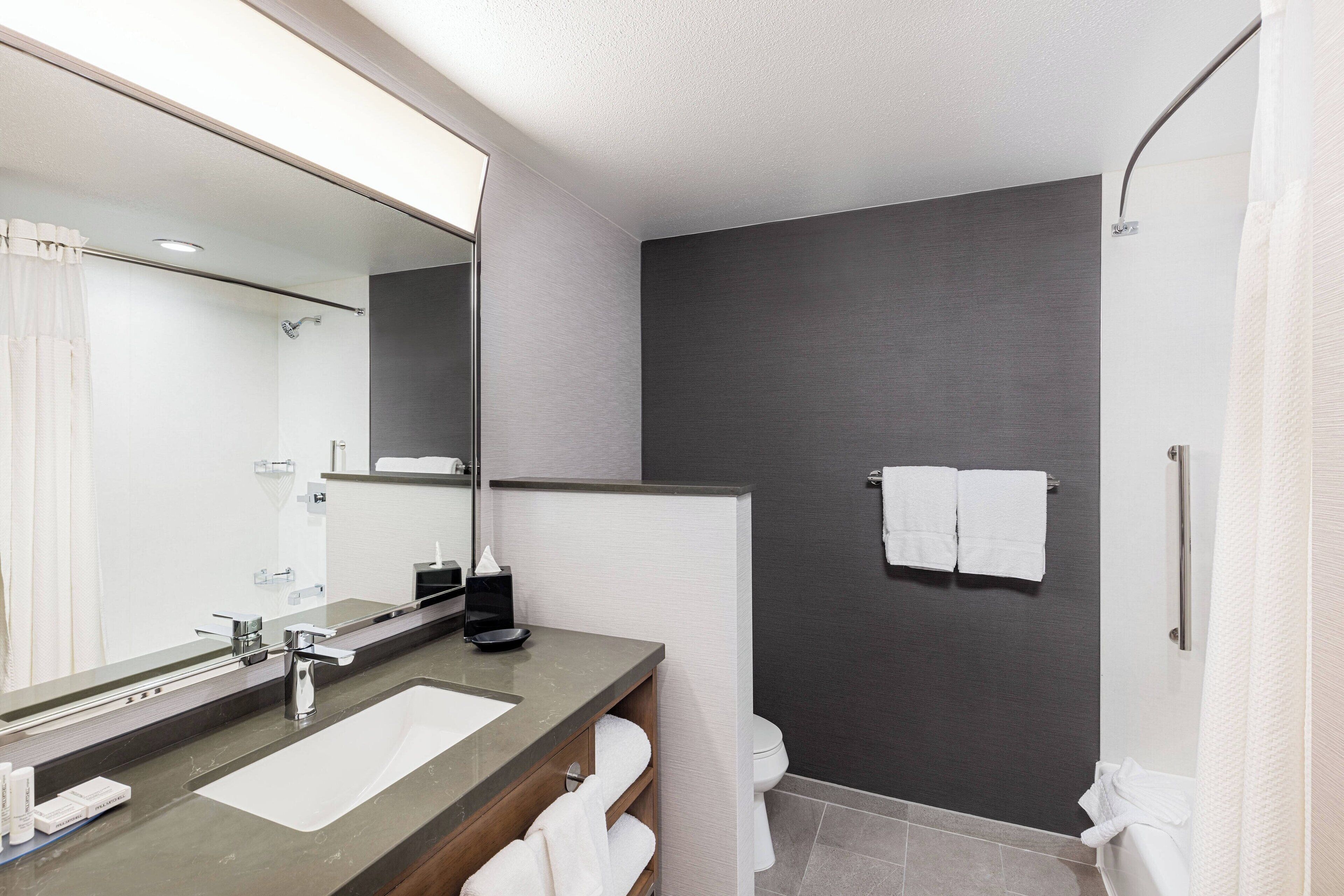 combined shower/bathtub, free toiletries, hair dryer, towels