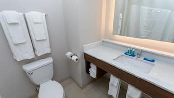 Un baño con inodoro, lavabo, espejo y toallero.