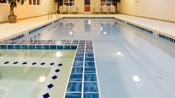 Indoor pool, open 8:00 AM to 10:00 PM, pool loungers