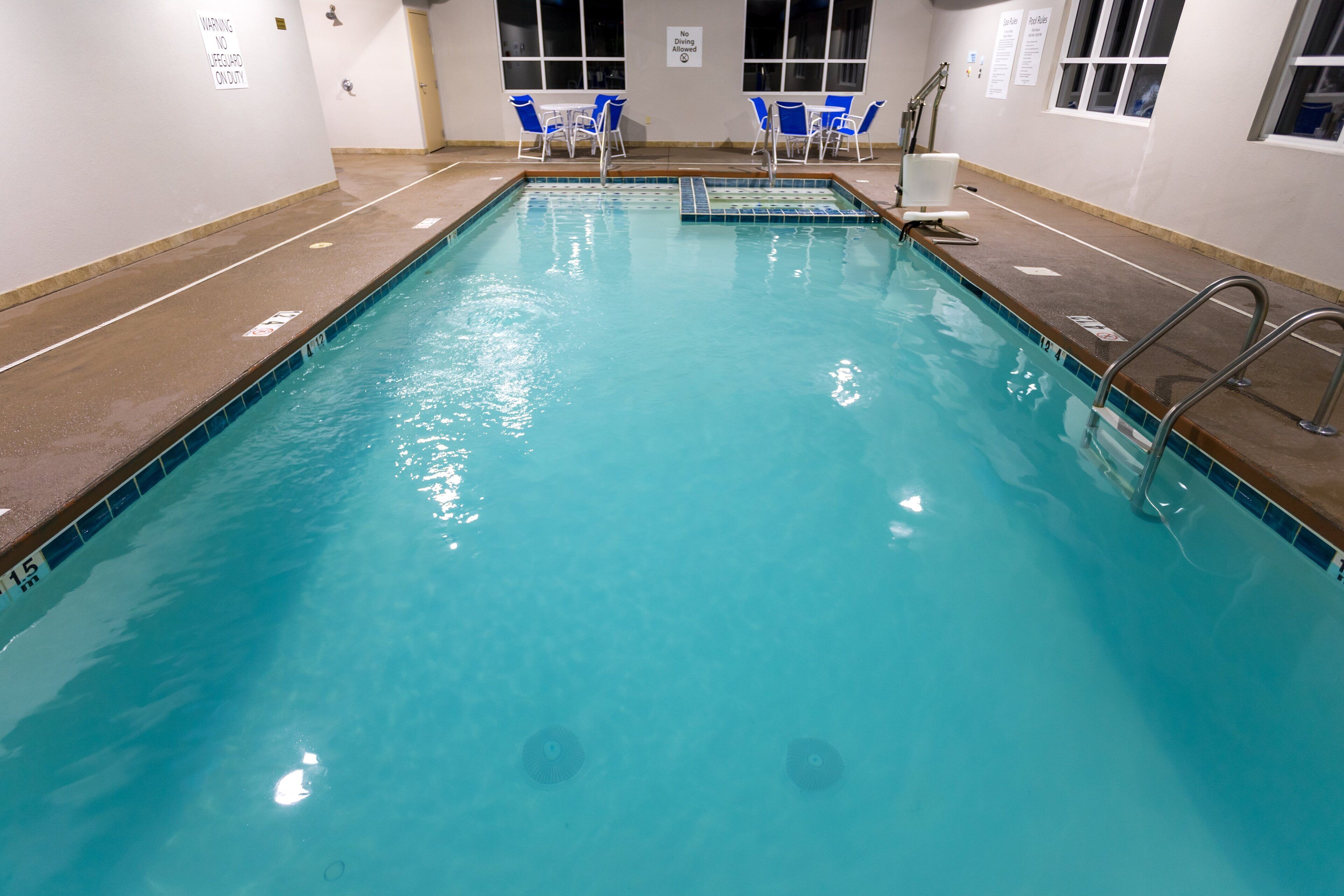 indoor pool, open 8:00 am to 10:00 pm, pool loungers
