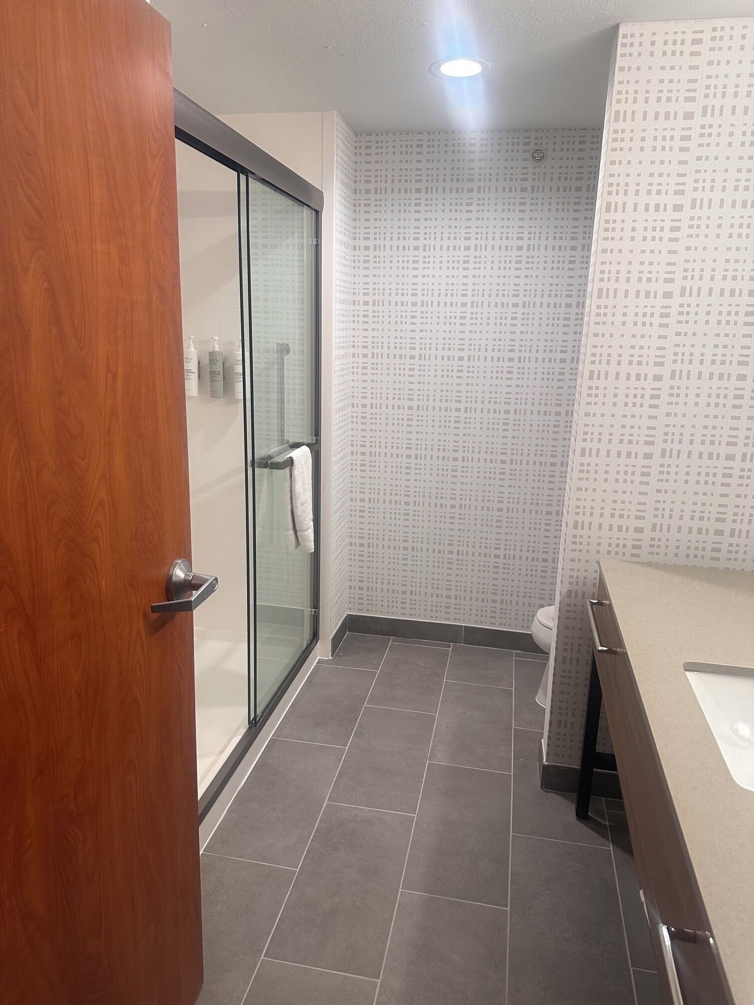 Une salle de bain avec une porte de douche en verre, des toilettes et un lavabo.