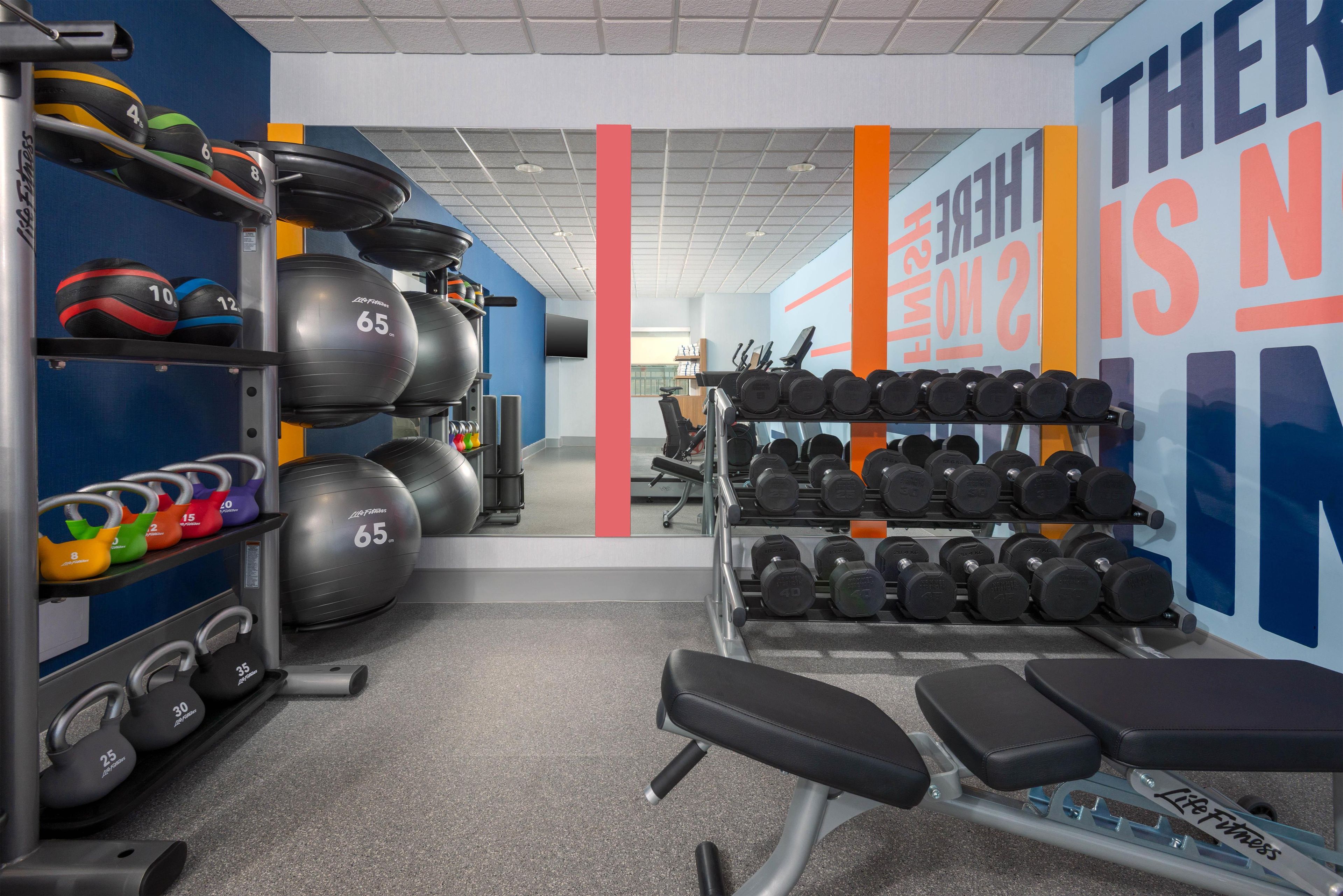 A gym with weightlifting equipment, dumbbells, and exercise balls.