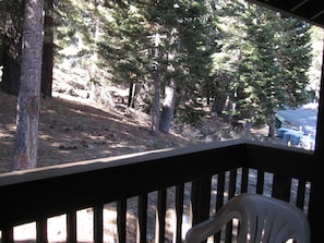 A wooden deck with a white plastic chair, overlooking a forested area with pine trees and a clear view of a body of water in the distance.