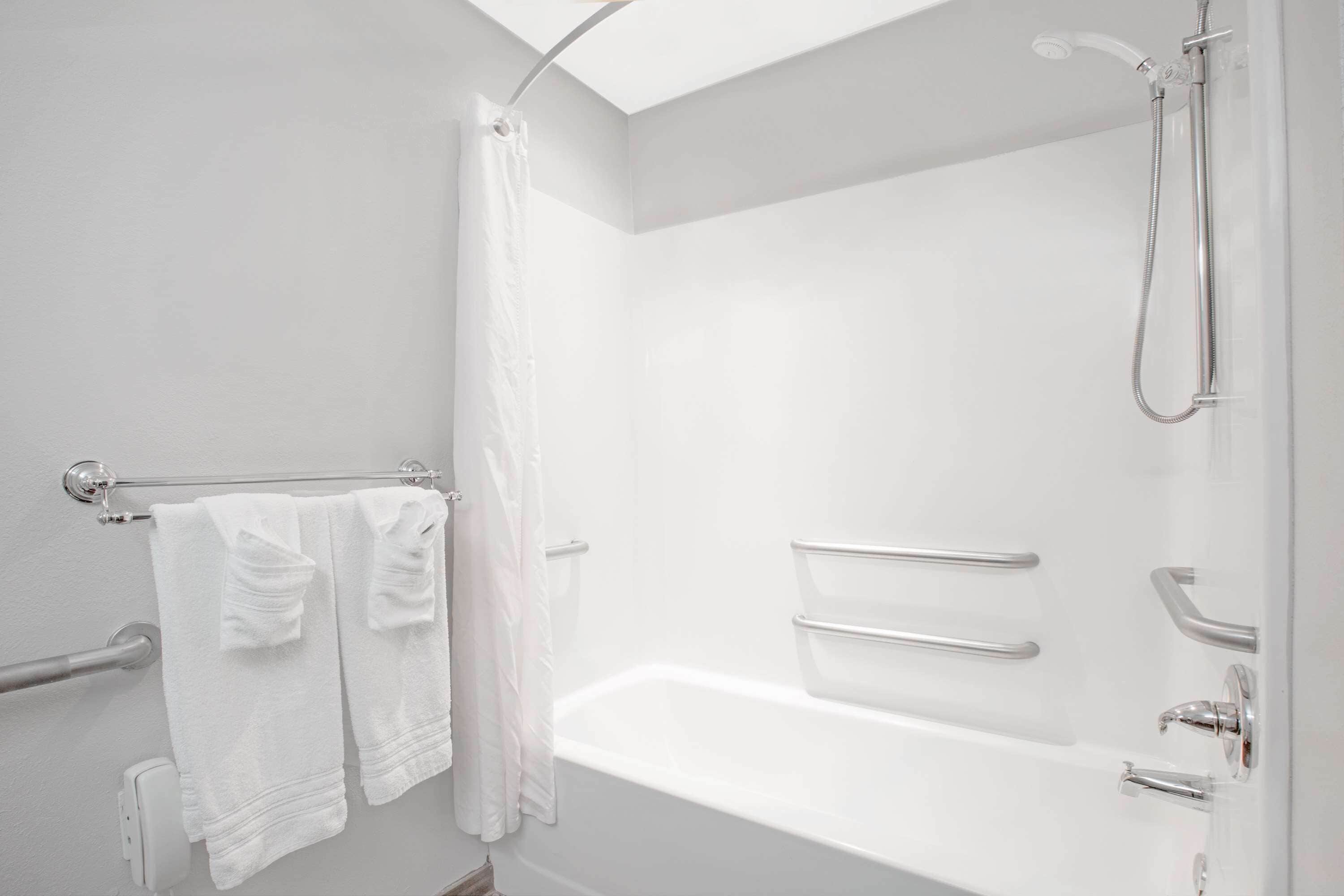 Een moderne badkamer met een bad, douche en handgrepen.