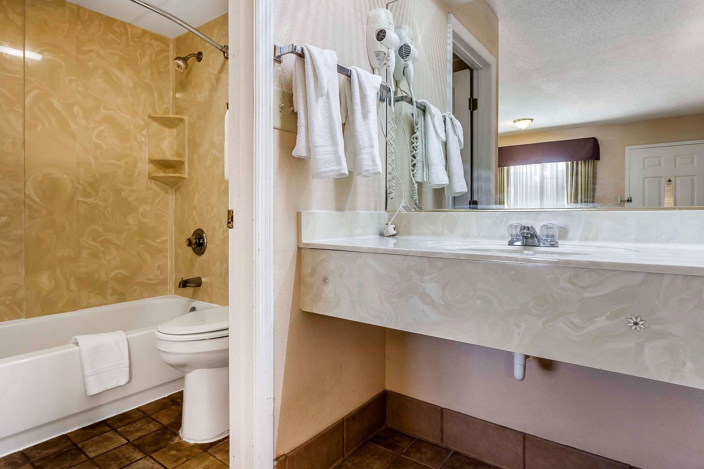 Combined shower/bathtub, deep-soaking bathtub, hair dryer, towels