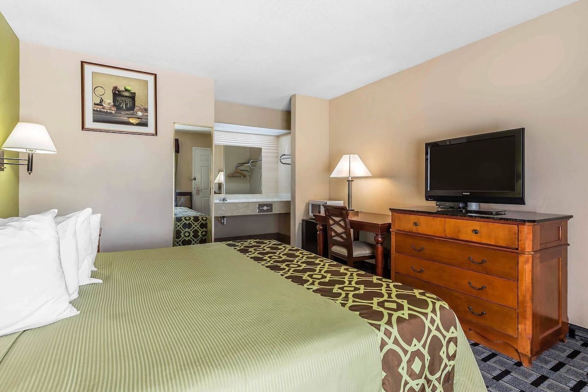 A hotel room with a bed, a television, a dresser, a desk, and a mirror.