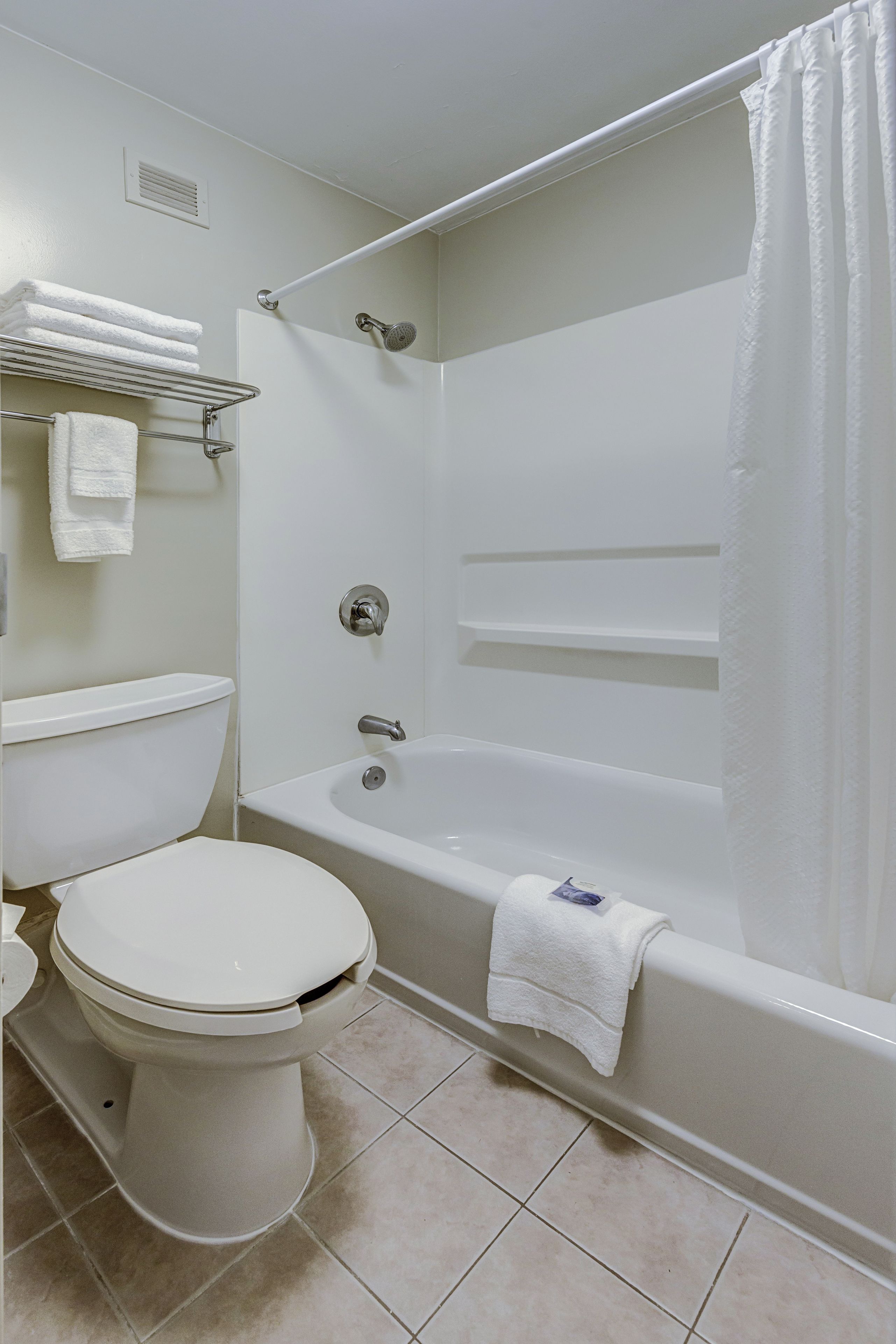combined shower/bathtub, free toiletries, hair dryer, towels