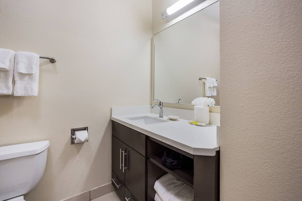 Un baño con inodoro, lavabo, espejo y toallero.