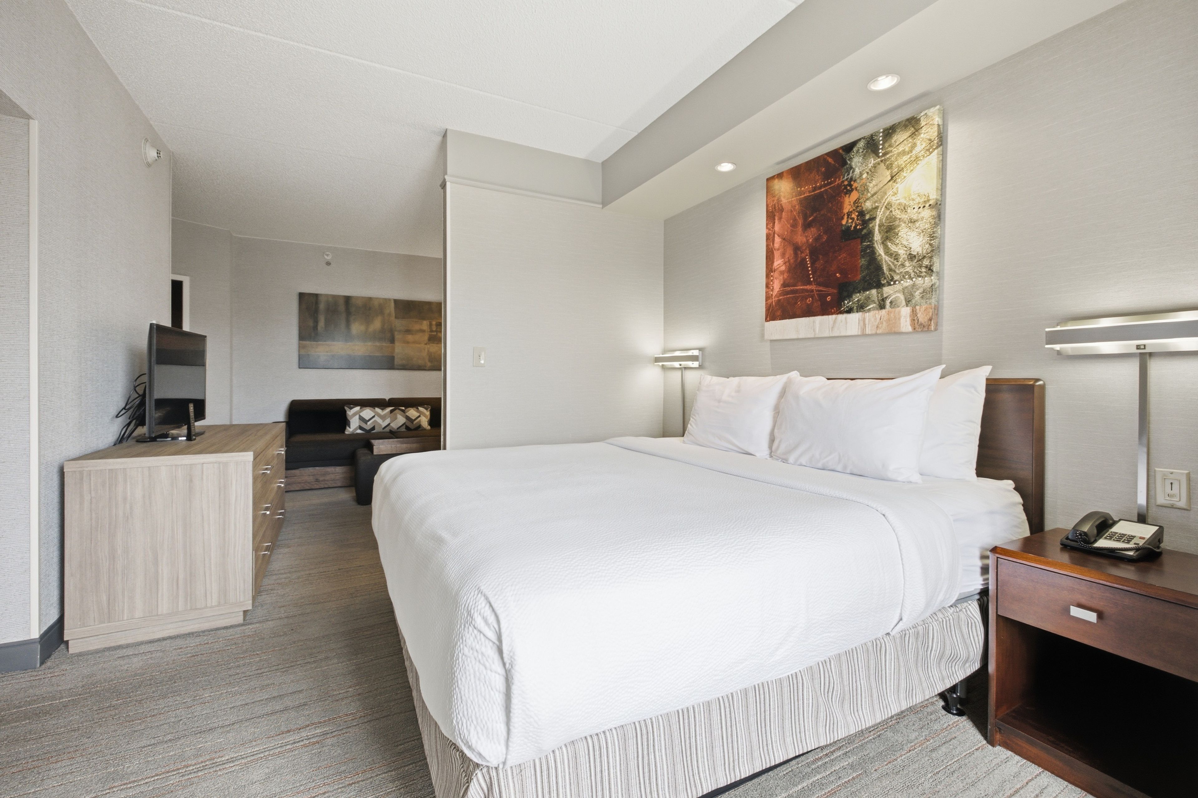 Habitación de hotel con una cama grande, un escritorio, una silla, un televisor, un teléfono y un cuadro en la pared.