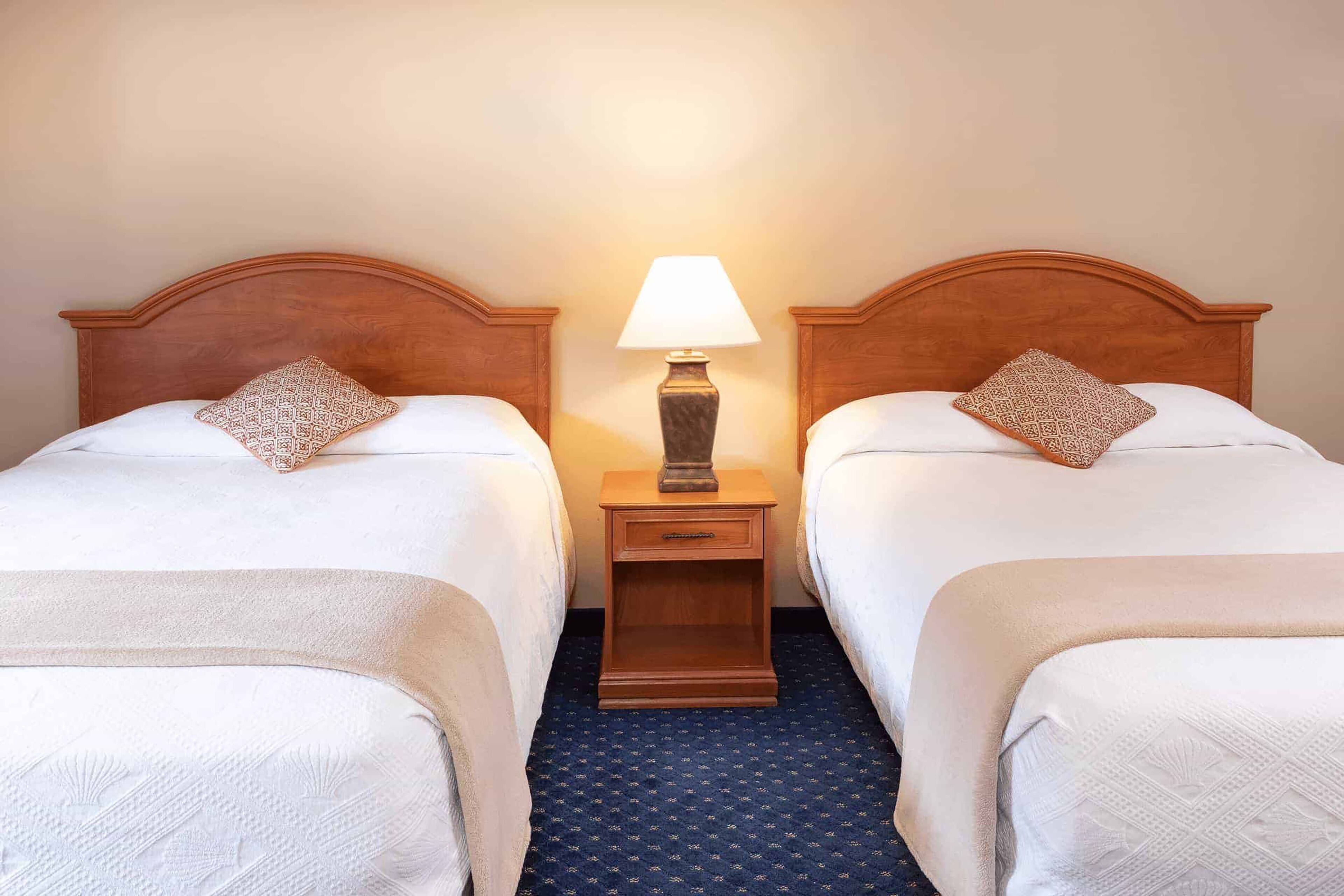 Une chambre d’hôtel avec deux lits, chacun doté d’une tête de lit en bois, d’une table de chevet avec une lampe et d’un tapis à motifs.