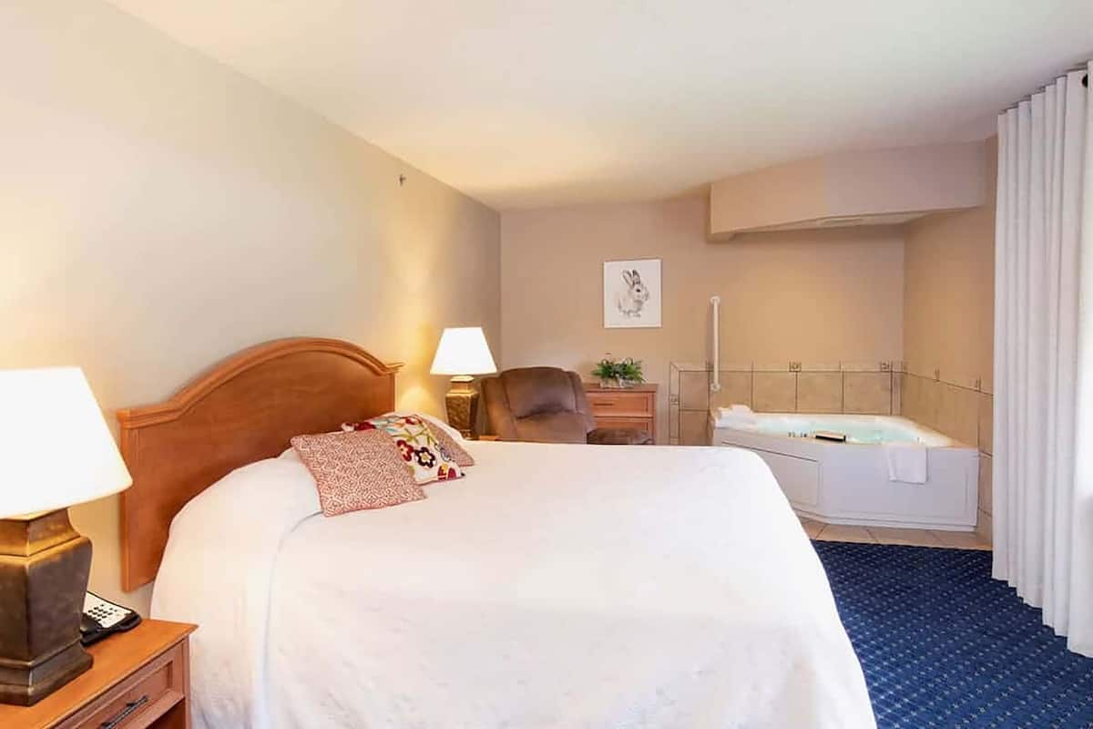 Ein Hotelzimmer mit Bett, zwei Nachttischlampen, einem Nachttisch, einem Sessel, einem Schreibtisch, einer Schreibtischlampe, einem kleinen Tisch mit Pflanze, einem gerahmten Bild an der Wand und einer Badewanne.