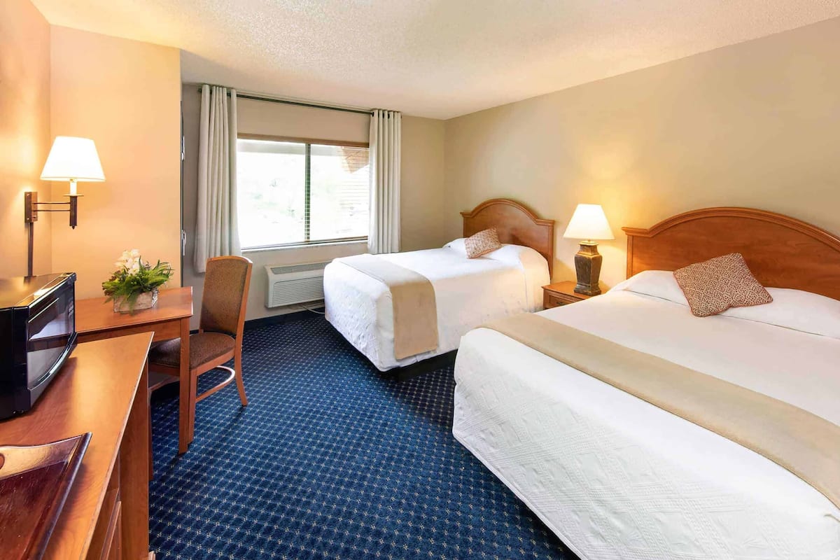 Ein Hotelzimmer mit zwei Betten, einem Schreibtisch mit Computer, einem Stuhl, einem kleinen Tisch mit Pflanze und einem Fenster mit Vorhängen.