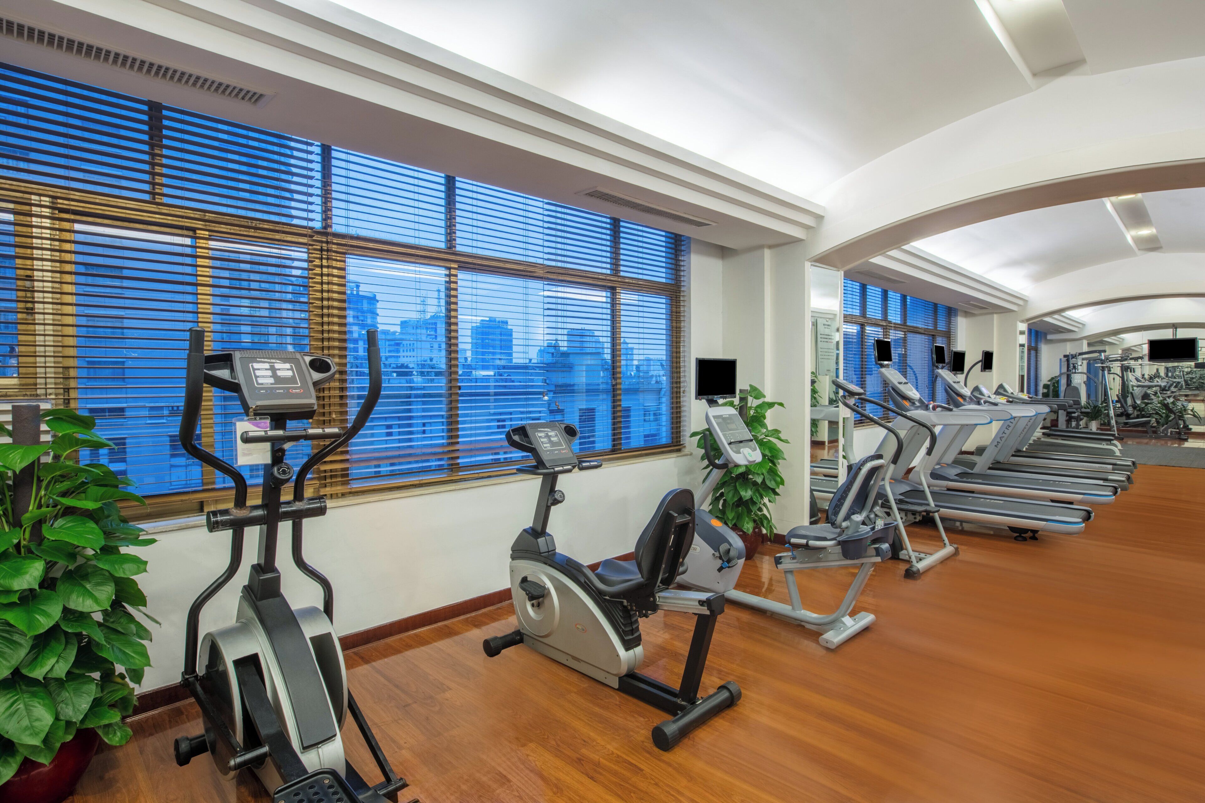 A gym with multiple treadmills and stationary bikes, large windows with blinds, and indoor plants.