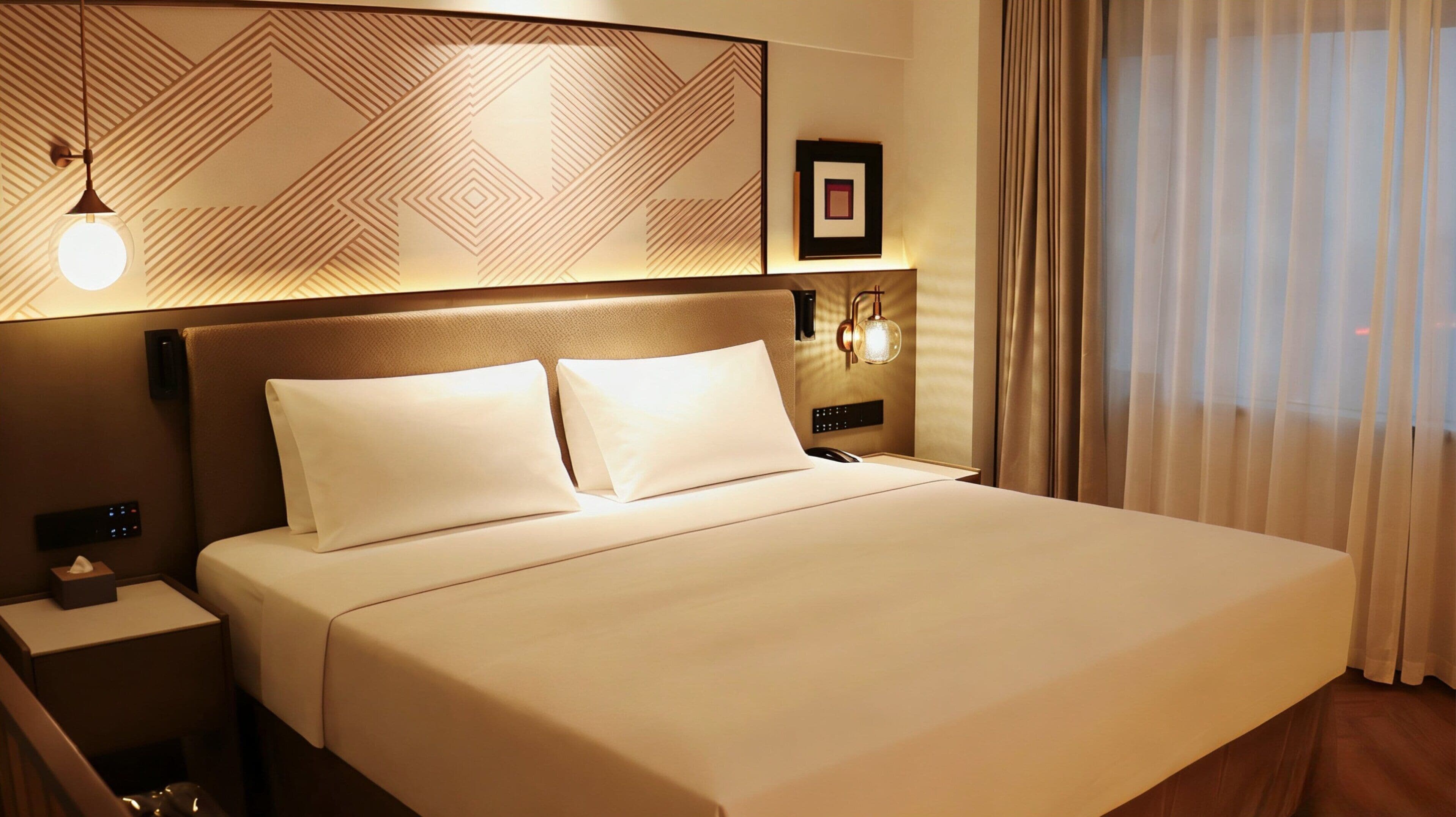 Camera d'albergo con un letto grande, un comodino, una lampada a parete e un quadro incorniciato.