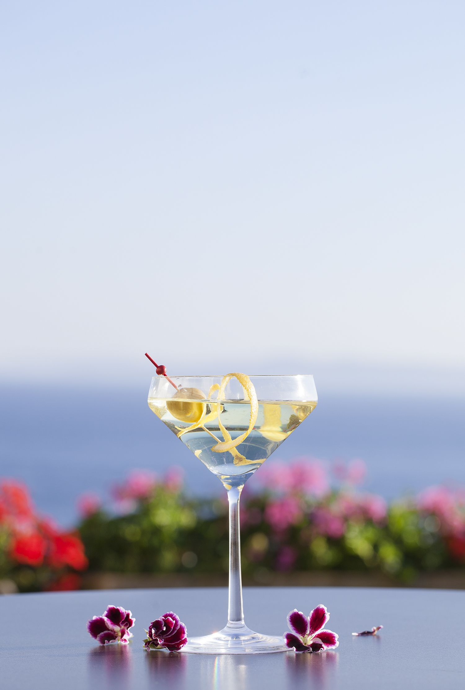Una copa de martini con una rodaja de limón sobre una mesa, con un fondo borroso de flores y un cielo despejado.