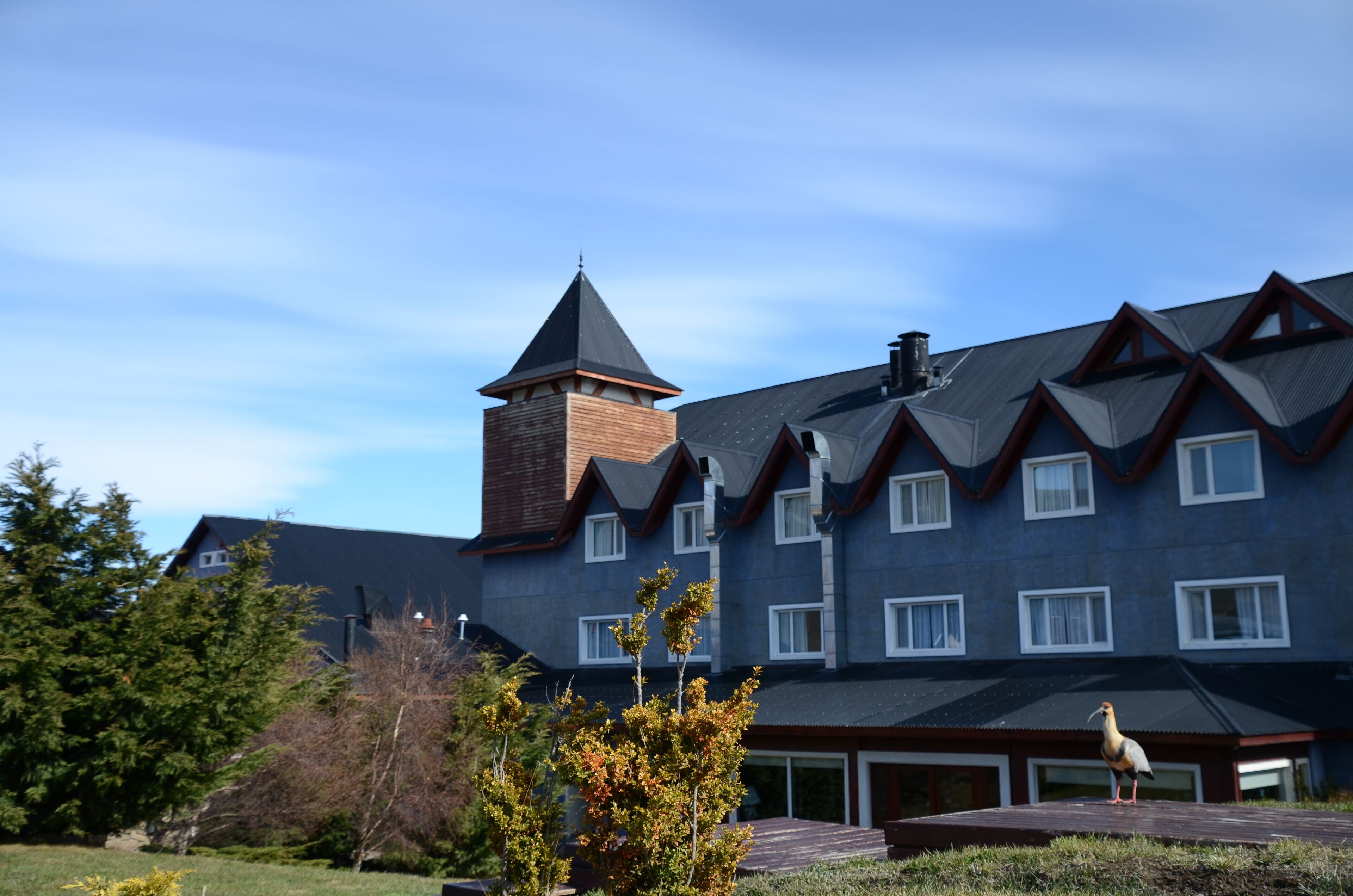A large building with a prominent tower, multiple windows, and a well-maintained lawn.