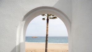 Vista de una playa a través de un ventanal arqueado, con una palmera, arena y océano.