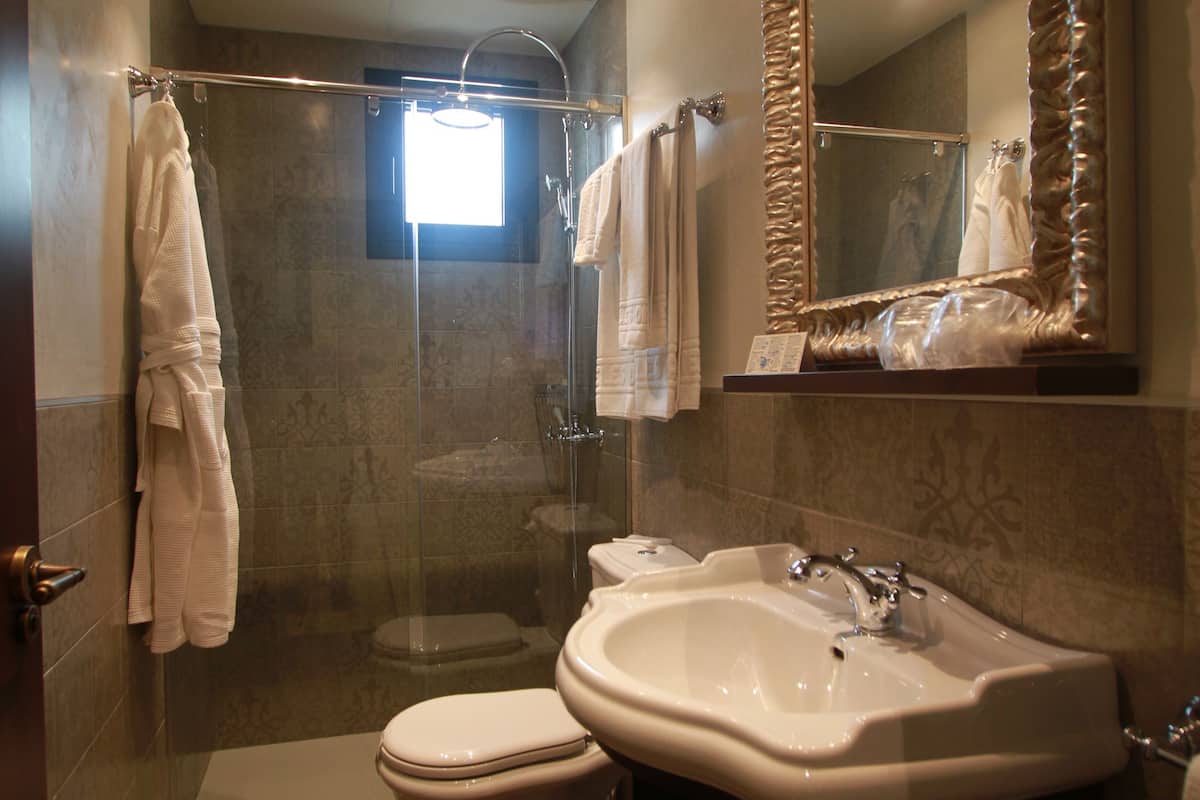 double room (vista plaza) | bathroom | shower, free toiletries, hair dryer, bathrobes