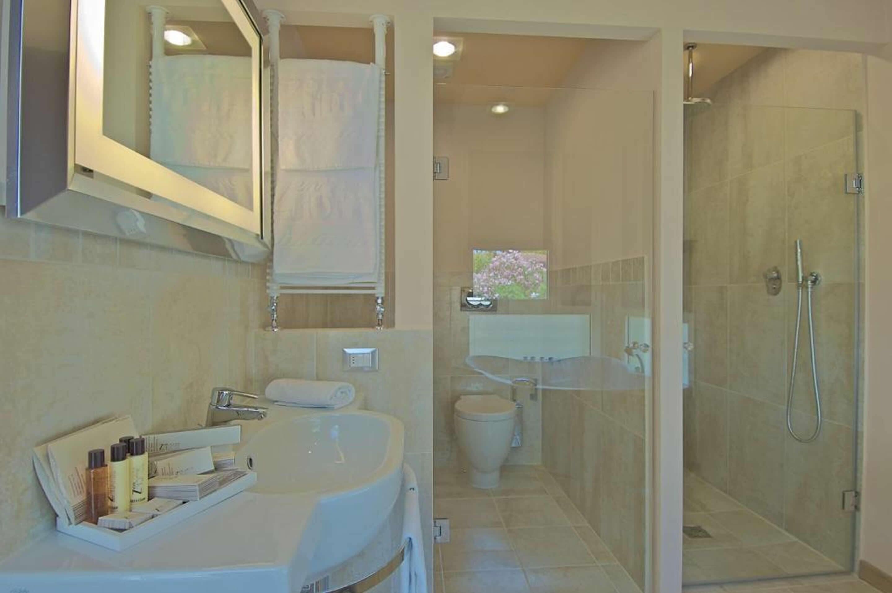 A modern bathroom with a large sink, mirror, and glass-enclosed shower.