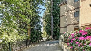 A pathway leading to a building with a beige facade and a black metal fence on one side. - Canadian Inn (Surrey)