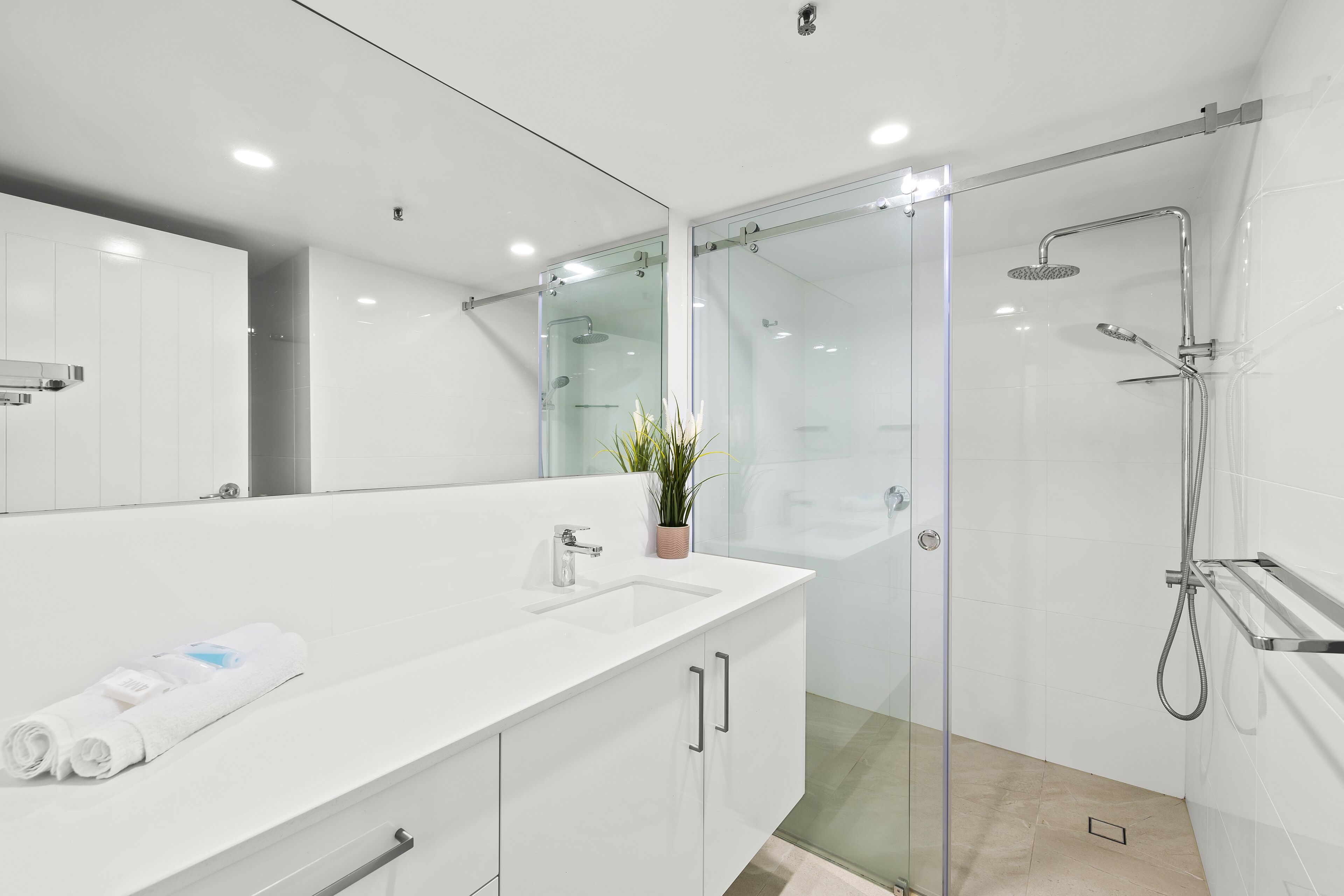 A modern bathroom with a glass-enclosed shower, a white sink with a mirror, and a potted plant.