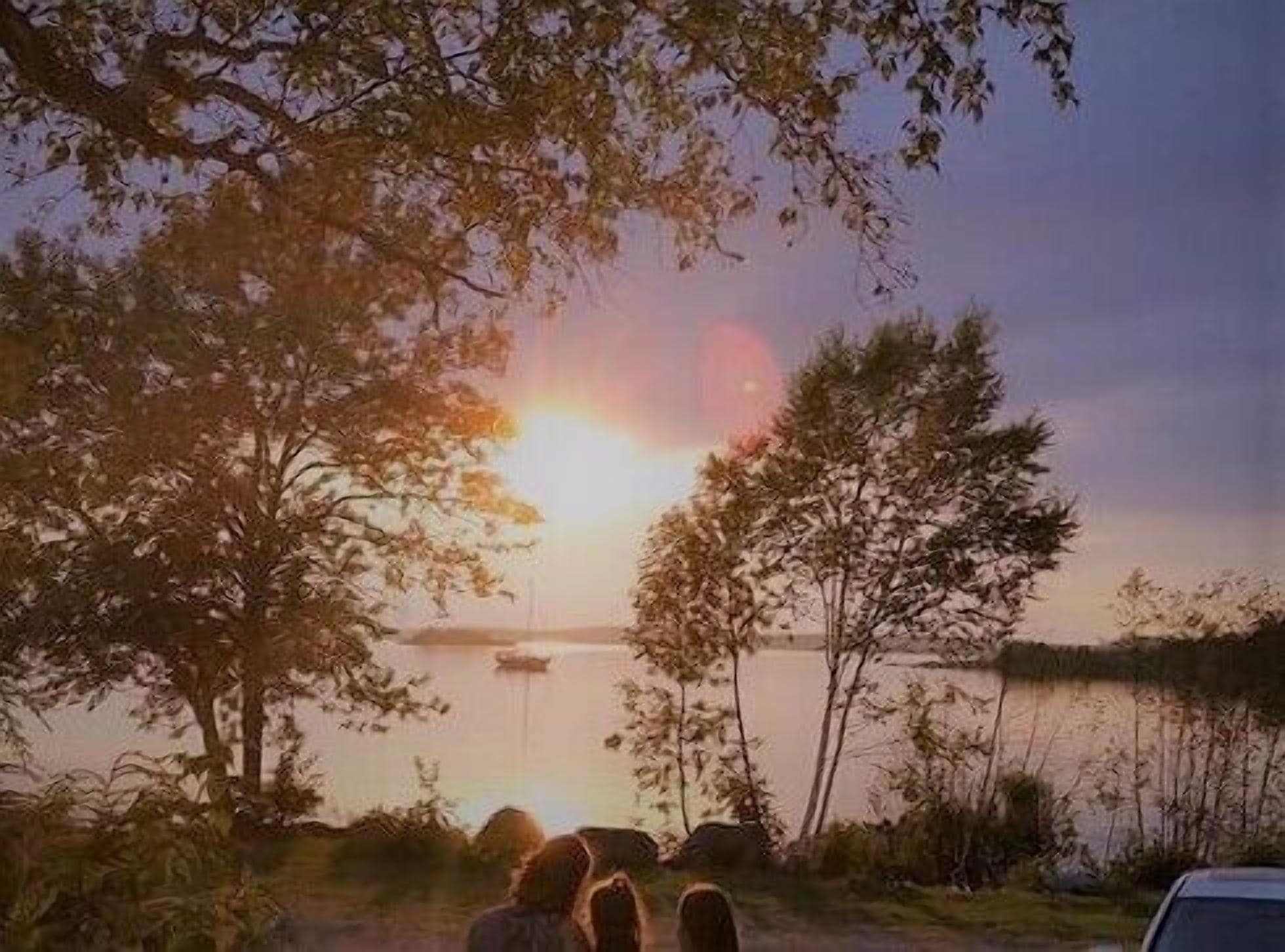 A sunset view with a boat on a calm lake, surrounded by trees.