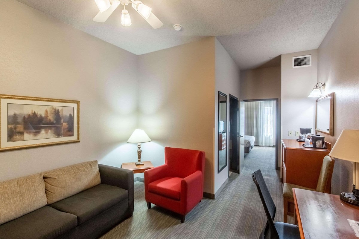 A hotel room with a sofa, a red armchair, a desk with a lamp, a framed picture on the wall, and a hallway leading to a bathroom.