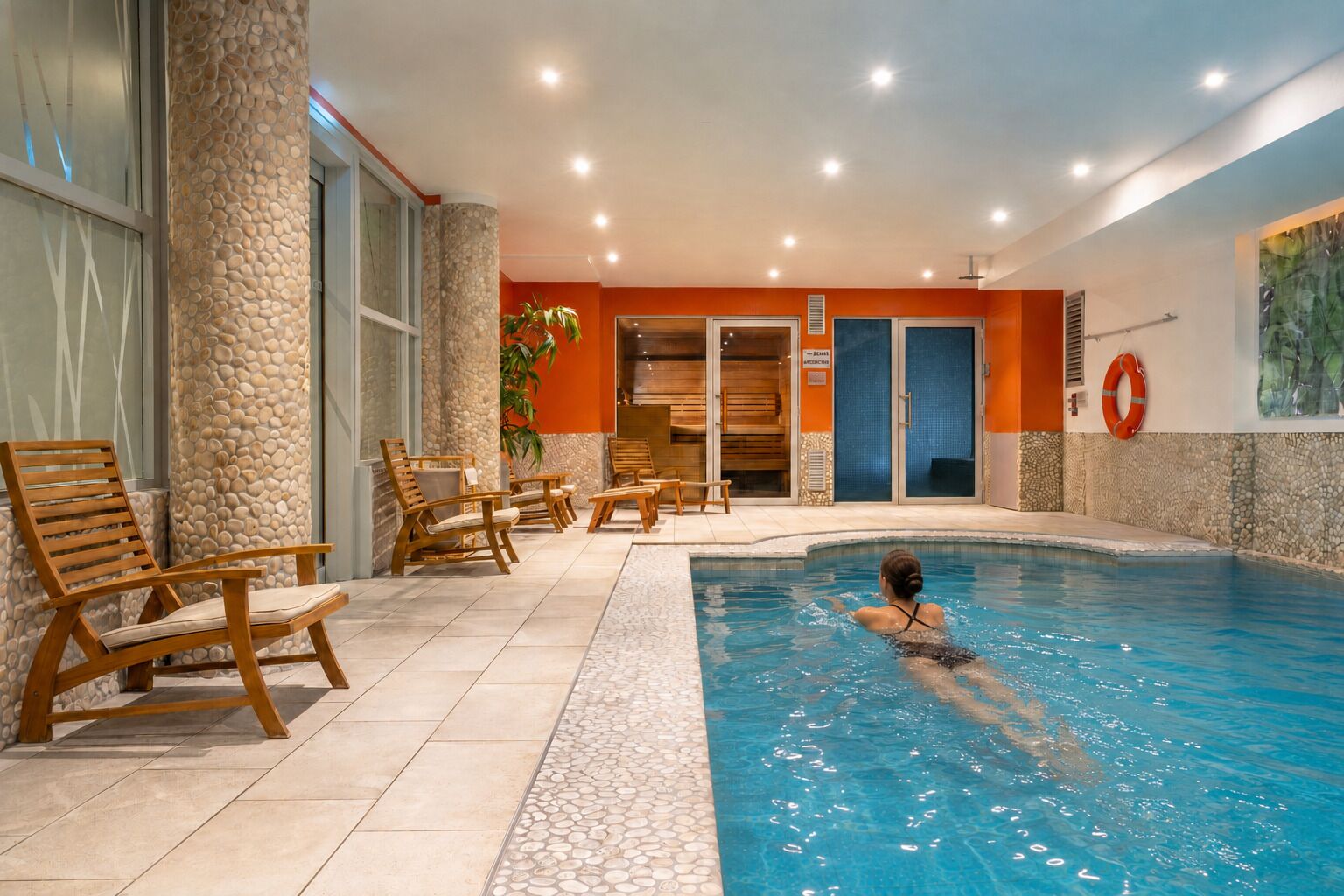 Indoor pool, open 9:00 AM to 9:00 PM, sun loungers