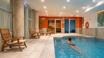 Indoor pool, open 9:00 AM to 9:00 PM, sun loungers