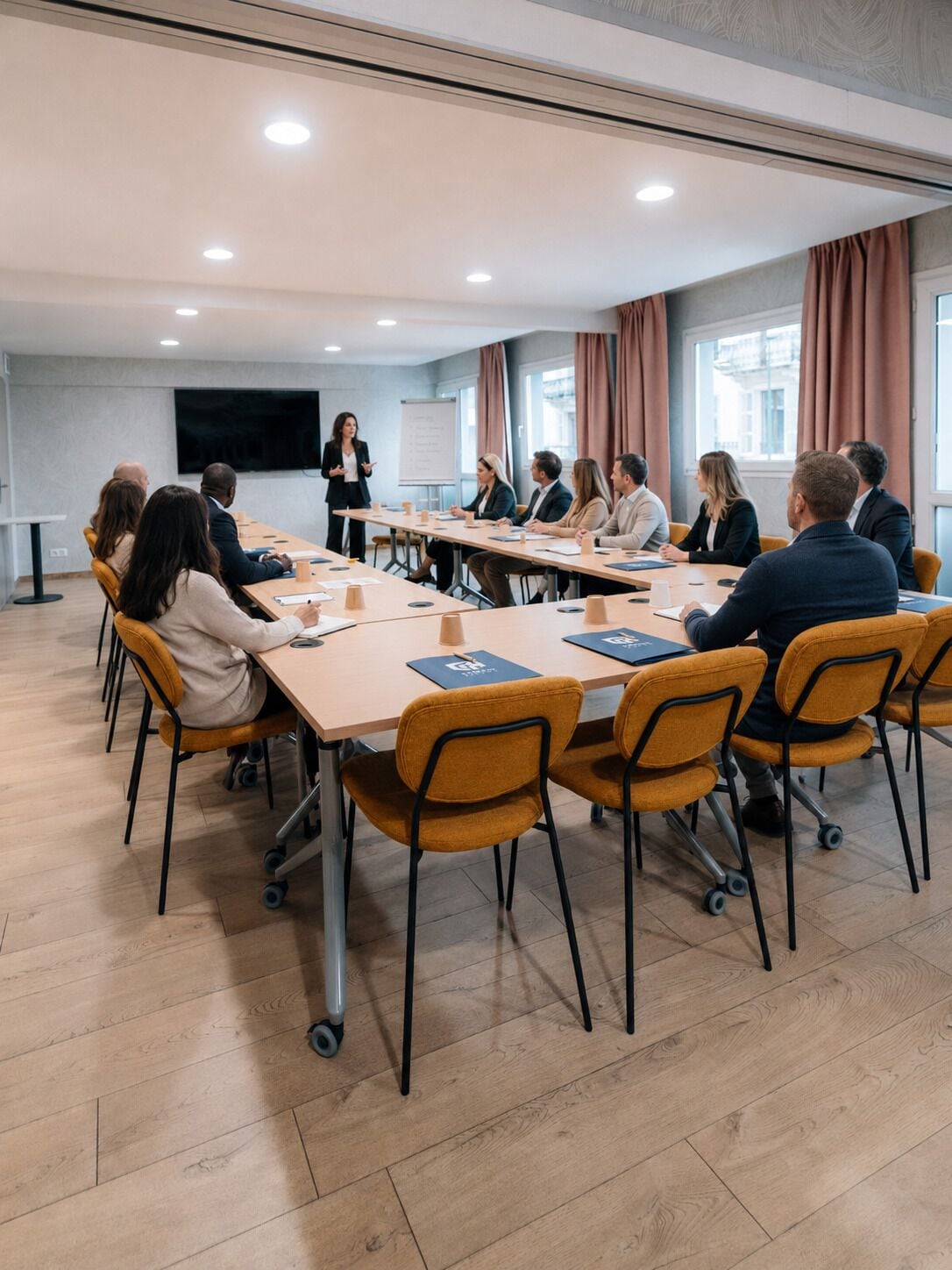 Ein Konferenzraum mit langem Tisch, Stühlen und einer Präsentationsleinwand.