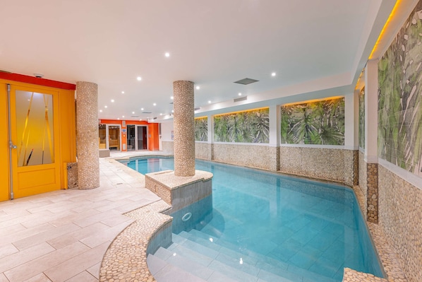 Indoor pool, open 9:00 AM to 9:00 PM, sun loungers