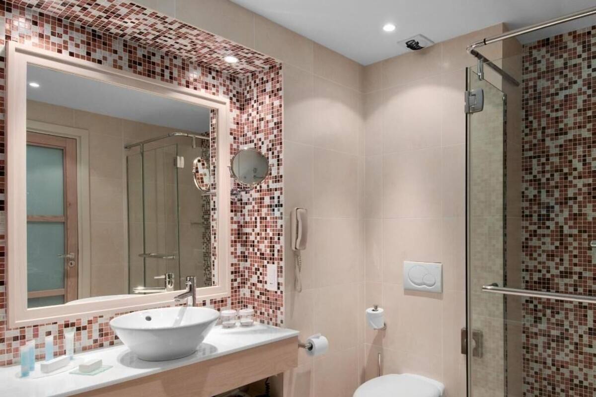 Une salle de bain avec un grand miroir, un lavabo blanc, des toilettes et un espace douche.
