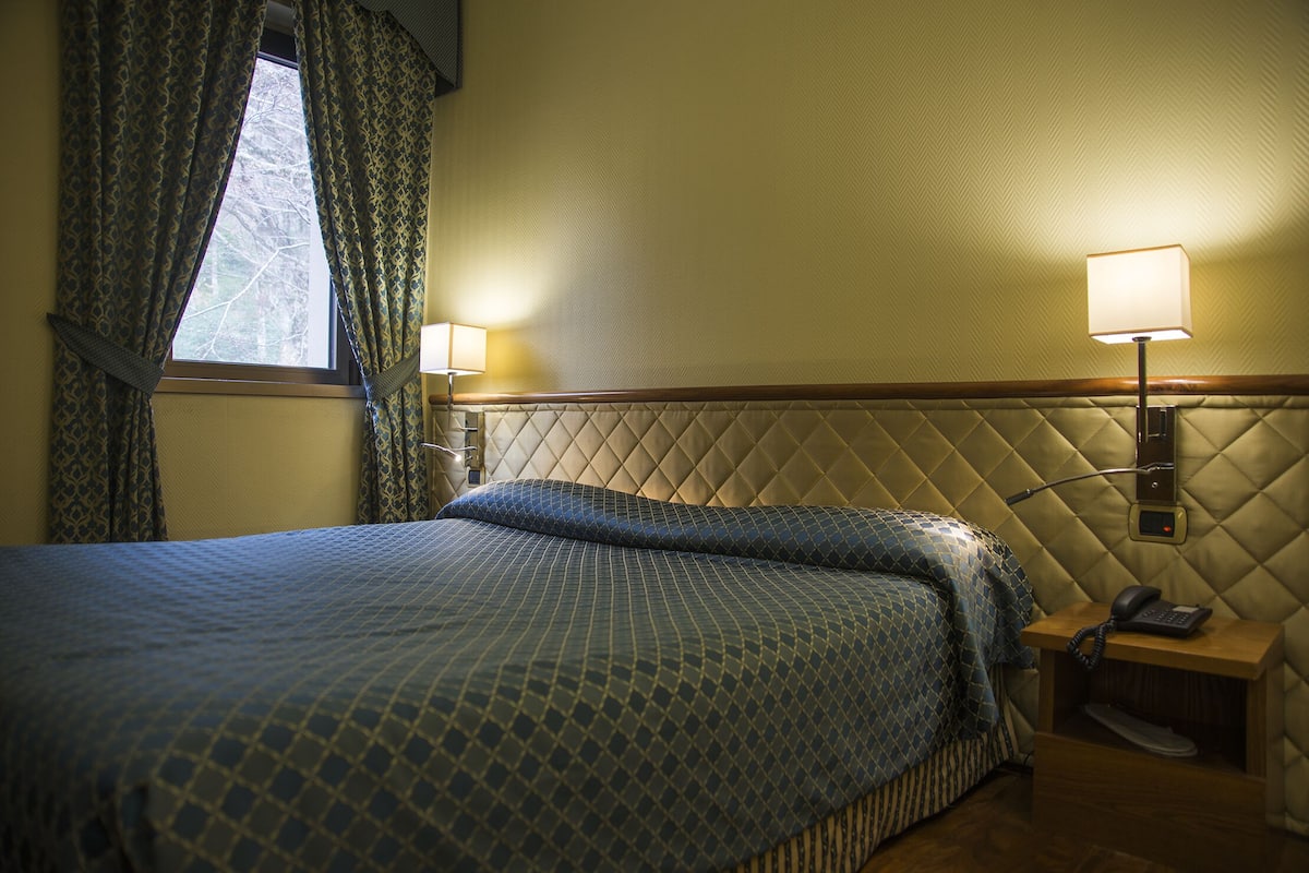 A hotel room with a bed, two bedside lamps, a telephone, and a window with curtains.