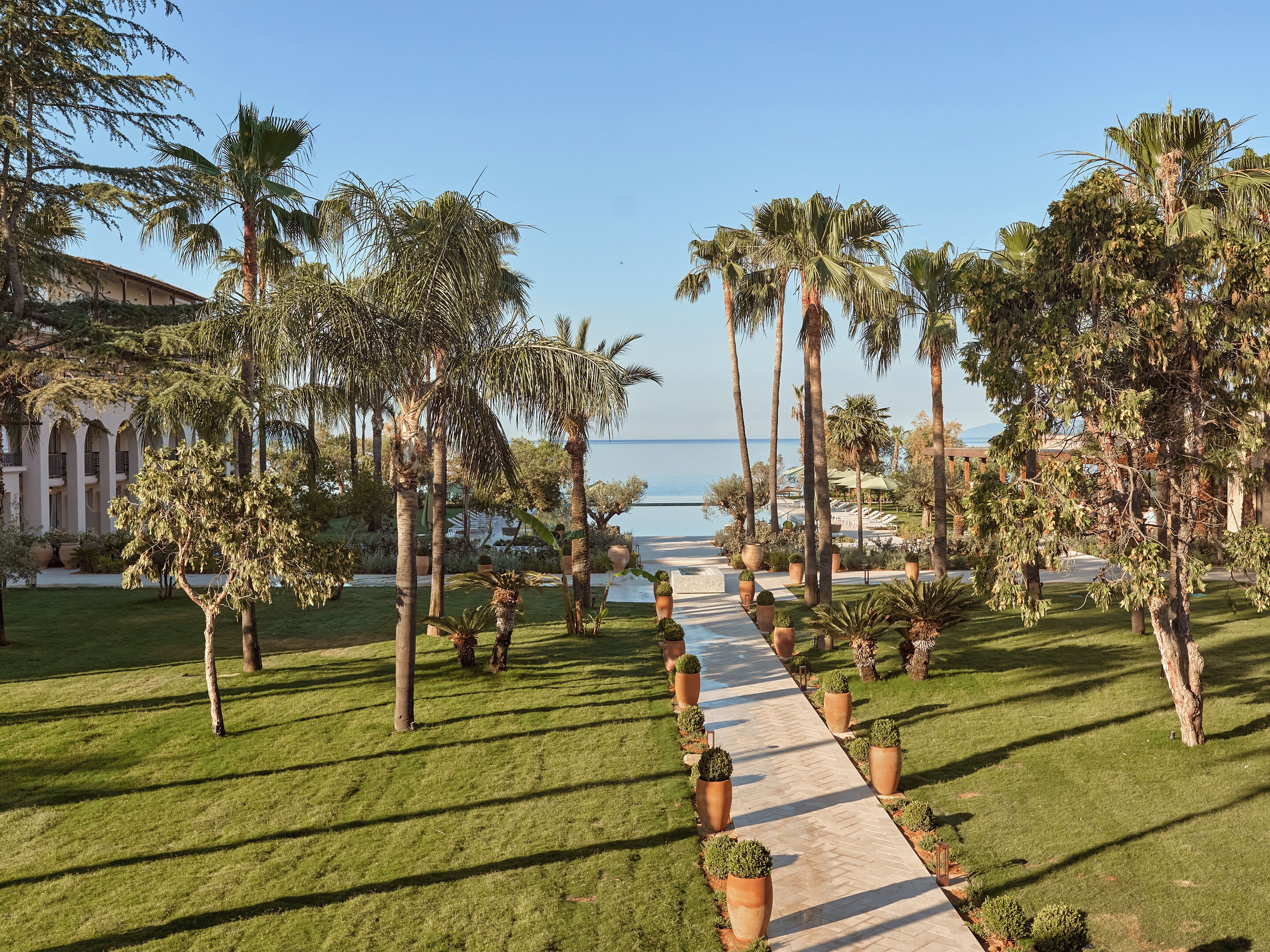 A pathway leading to a beach with palm trees and a building in the background.