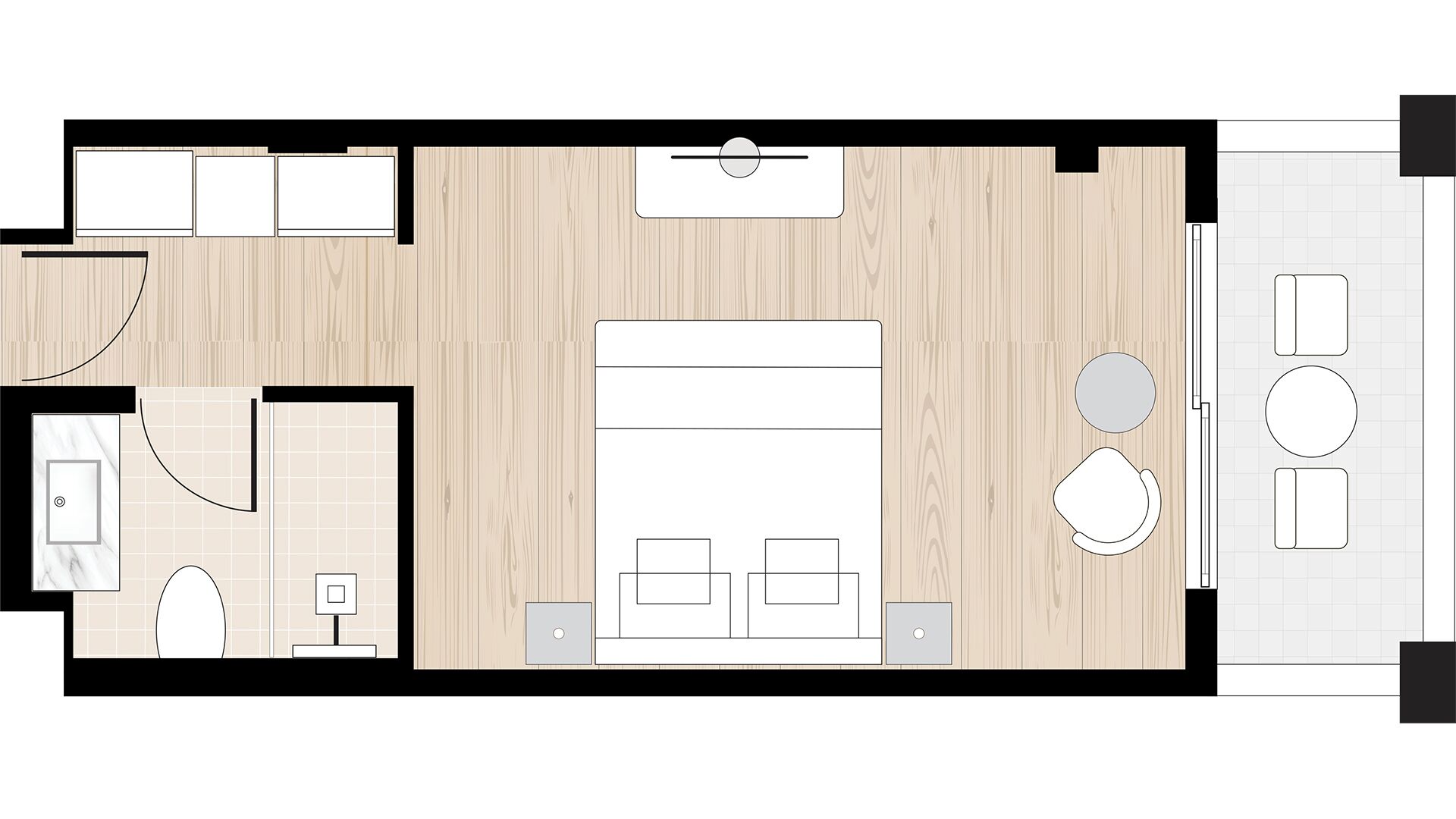 A hotel room layout with a bed, two bedside tables, a desk, a chair, a small bathroom, and a seating area with a round table and chairs.