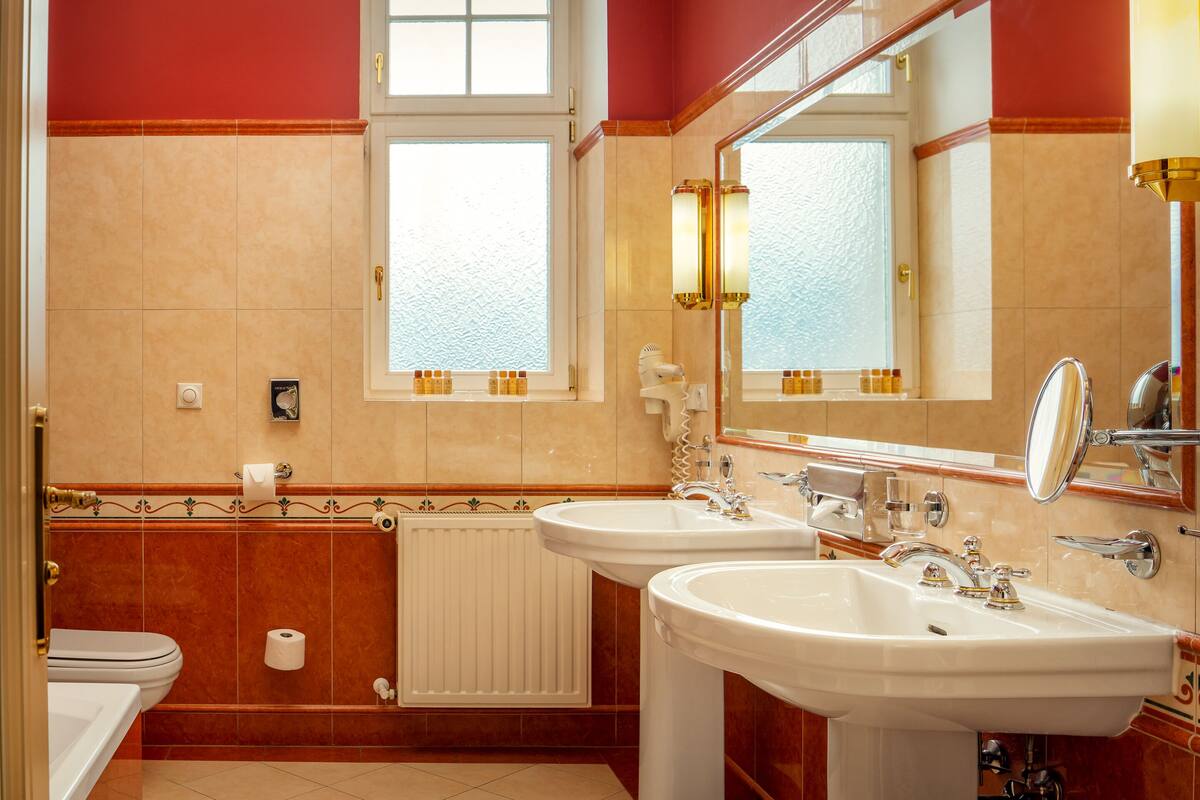 combined shower/bathtub, free toiletries, hair dryer, bathrobes