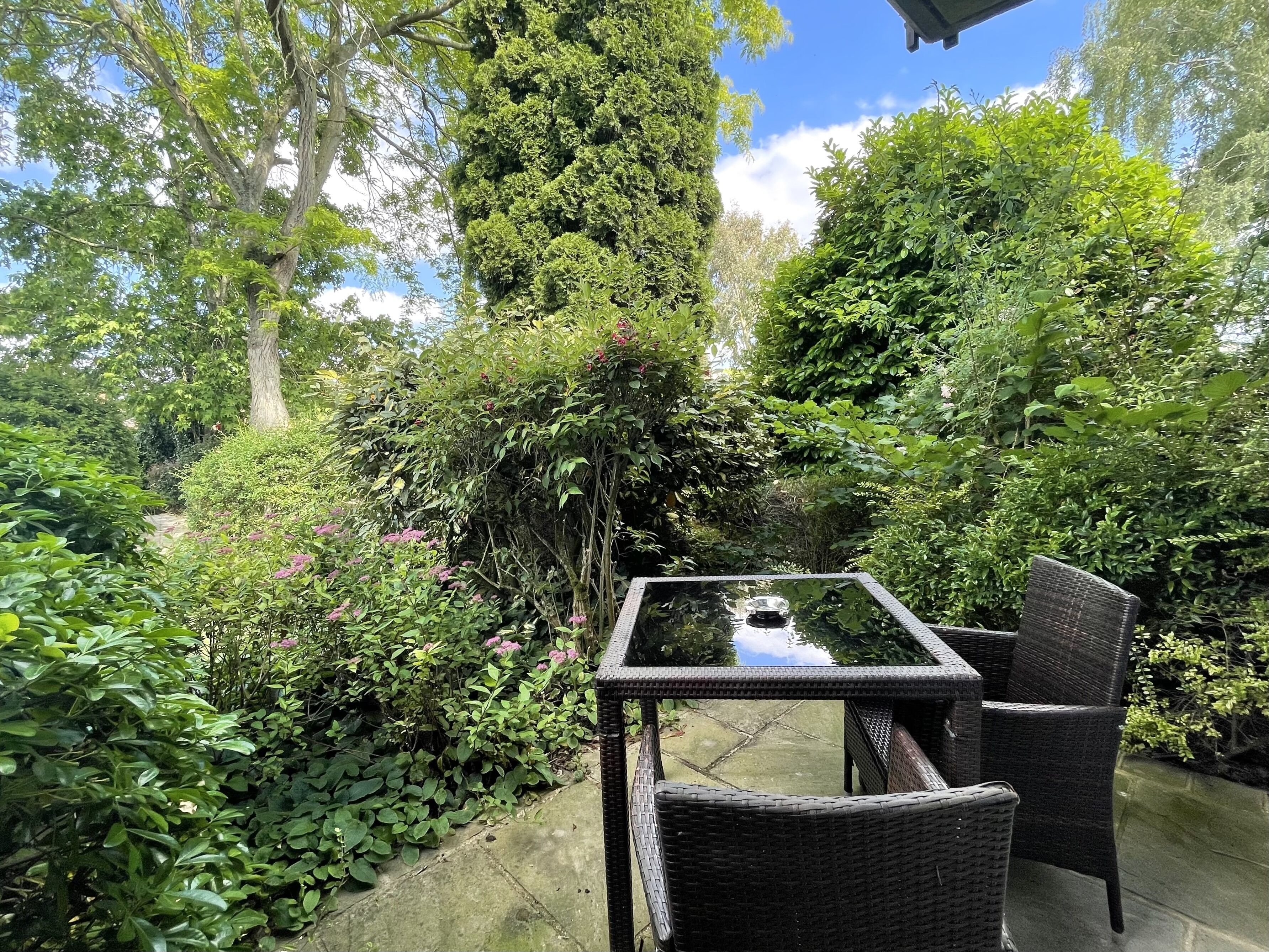 A glass-top table with wicker chairs in a garden area with dense foliage and a clear sky.