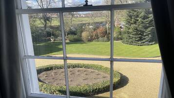 A view through a window with a garden in the foreground and houses in the background.