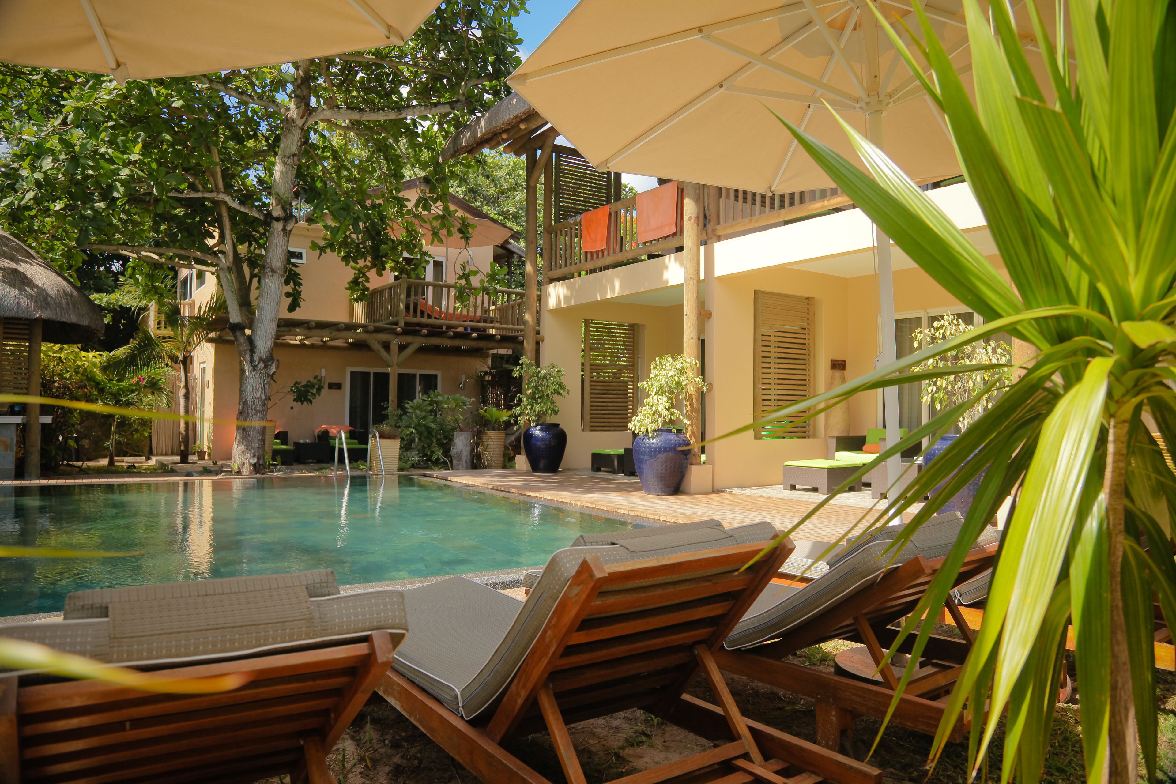 Un espace aménagé au bord de la piscine, avec des chaises longues et des parasols, entouré de plantes en pot et bordé d’un bâtiment doté de balcons.