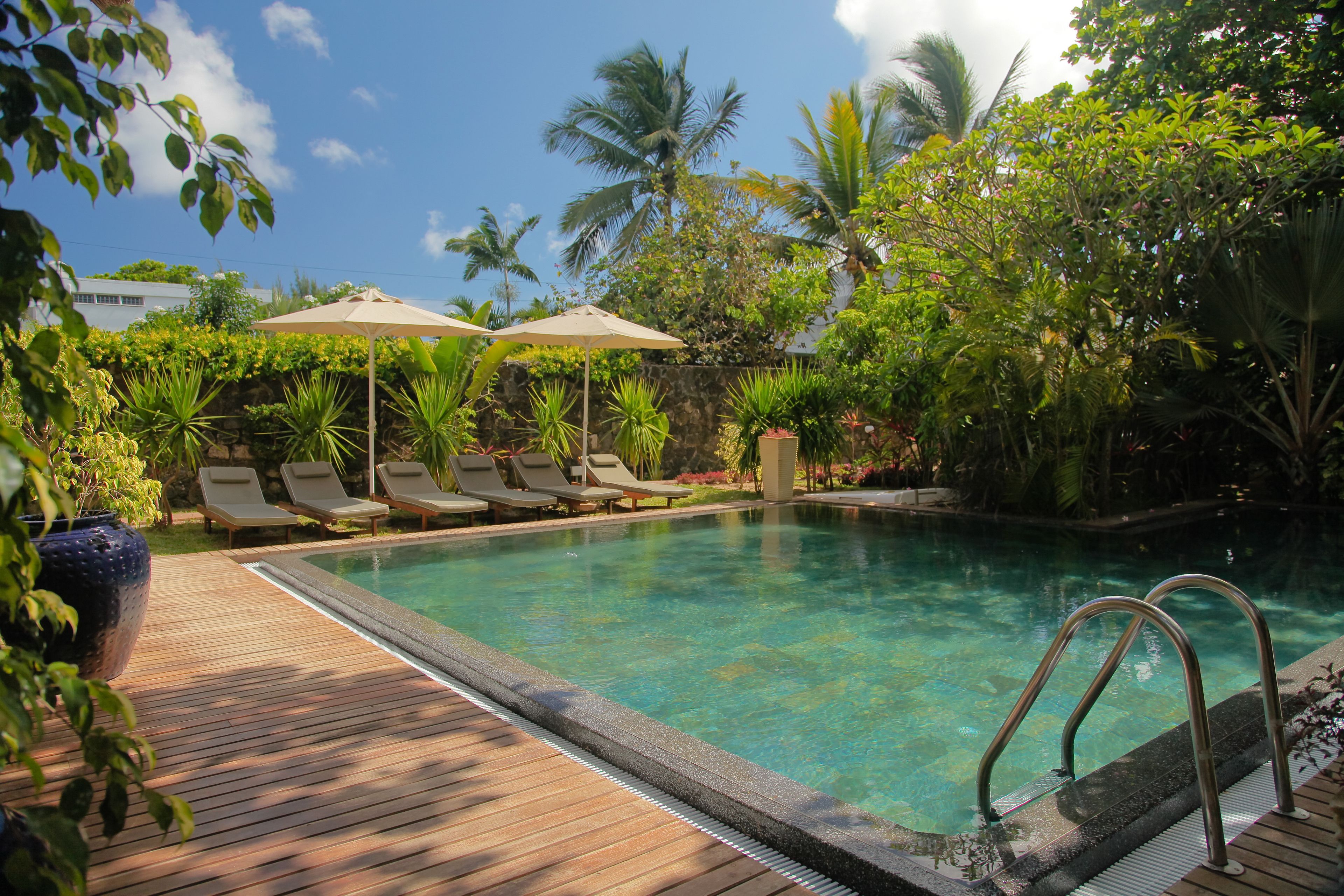 Un espace piscine agrémenté de chaises longues et de parasols, entouré de plantes tropicales et de palmiers.