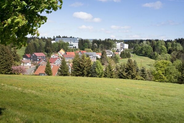 A residential area with houses and a large building in the background.