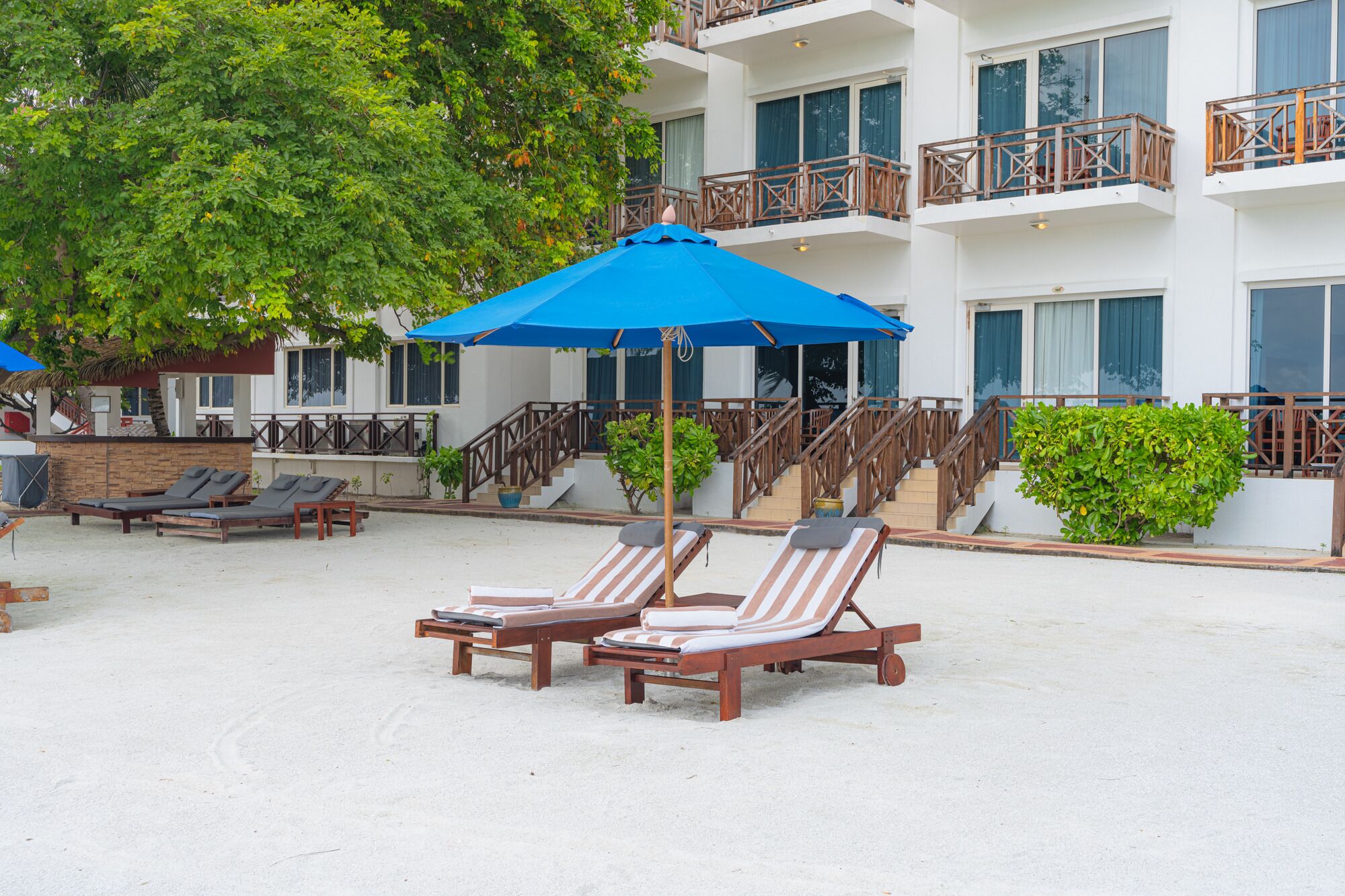 A beachfront hotel with multiple lounge chairs under blue umbrellas, a staircase leading to the upper floors, and a large tree providing shade.