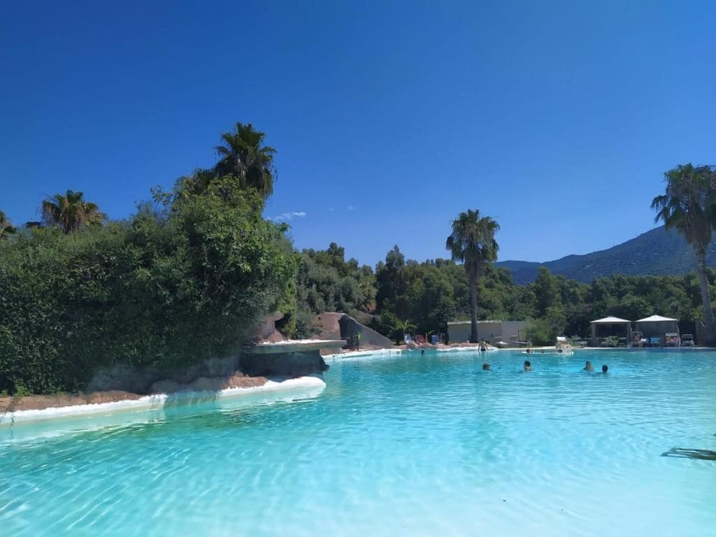 Ein klares, blaues Schwimmbecken, umgeben von üppiger Vegetation und Palmen, mit einem Berg im Hintergrund.
