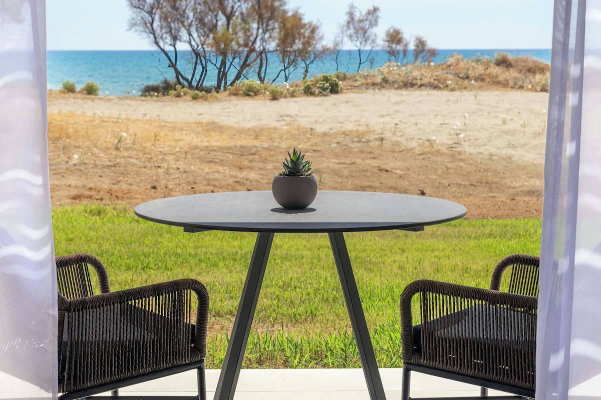 A table with a potted plant, two wicker chairs, and a view of a beach and ocean.