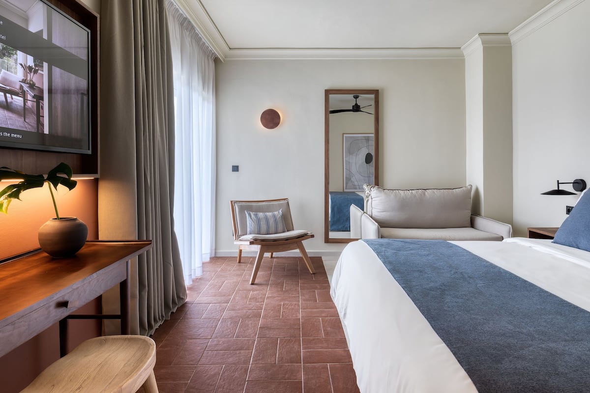 A hotel room with a bed, a sofa, a desk with a TV, a chair, and a plant.