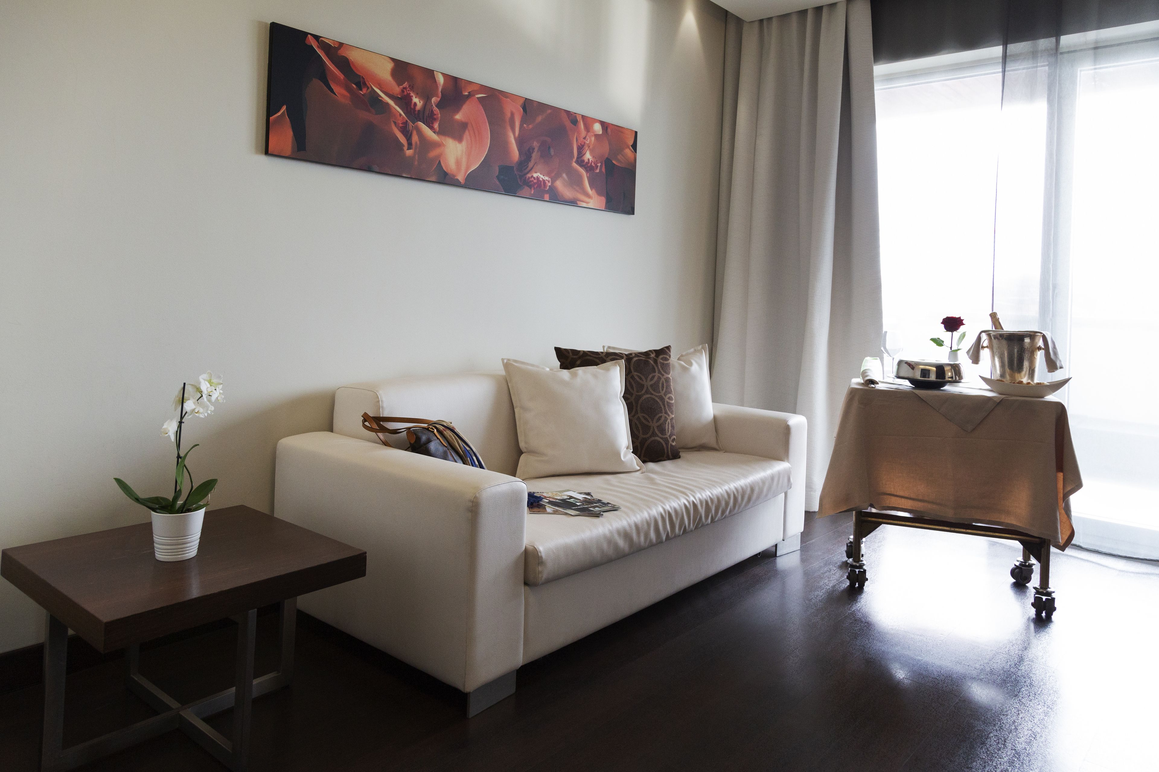 A modern living room with a sofa, a small table with a plant, and a coffee table with a tray.