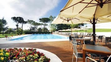 Seasonal outdoor pool, pool umbrellas, pool loungers