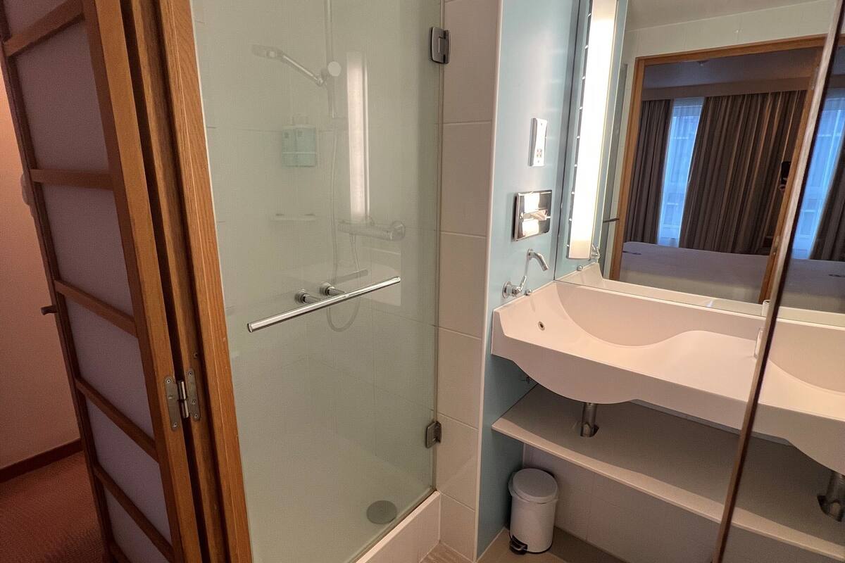 standard room, 1 queen bed with sofa bed | bathroom | separate bathtub and shower, eco-friendly toiletries, hair dryer, towels