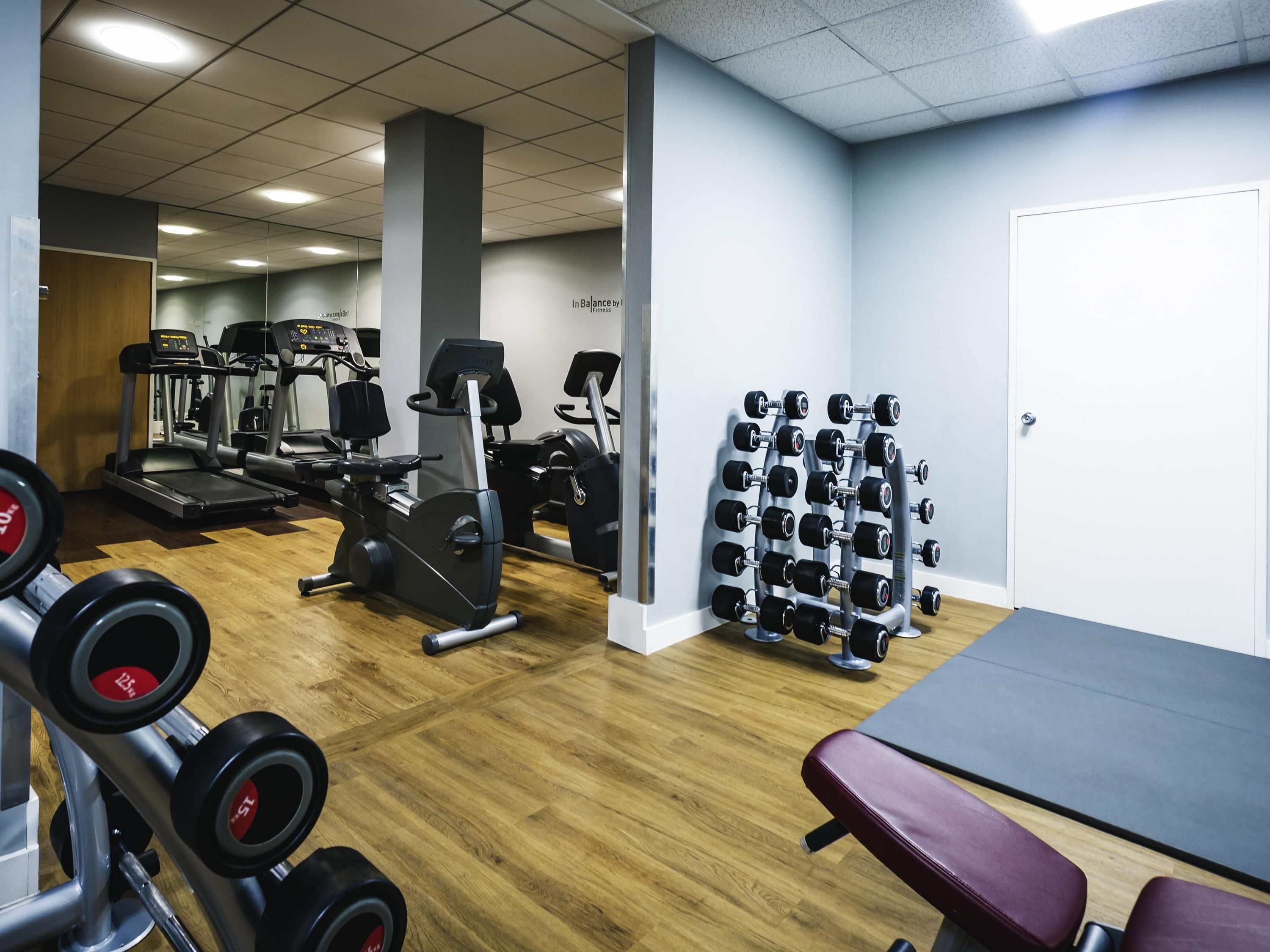A gym with treadmills, elliptical machines, and a rack of dumbbells.